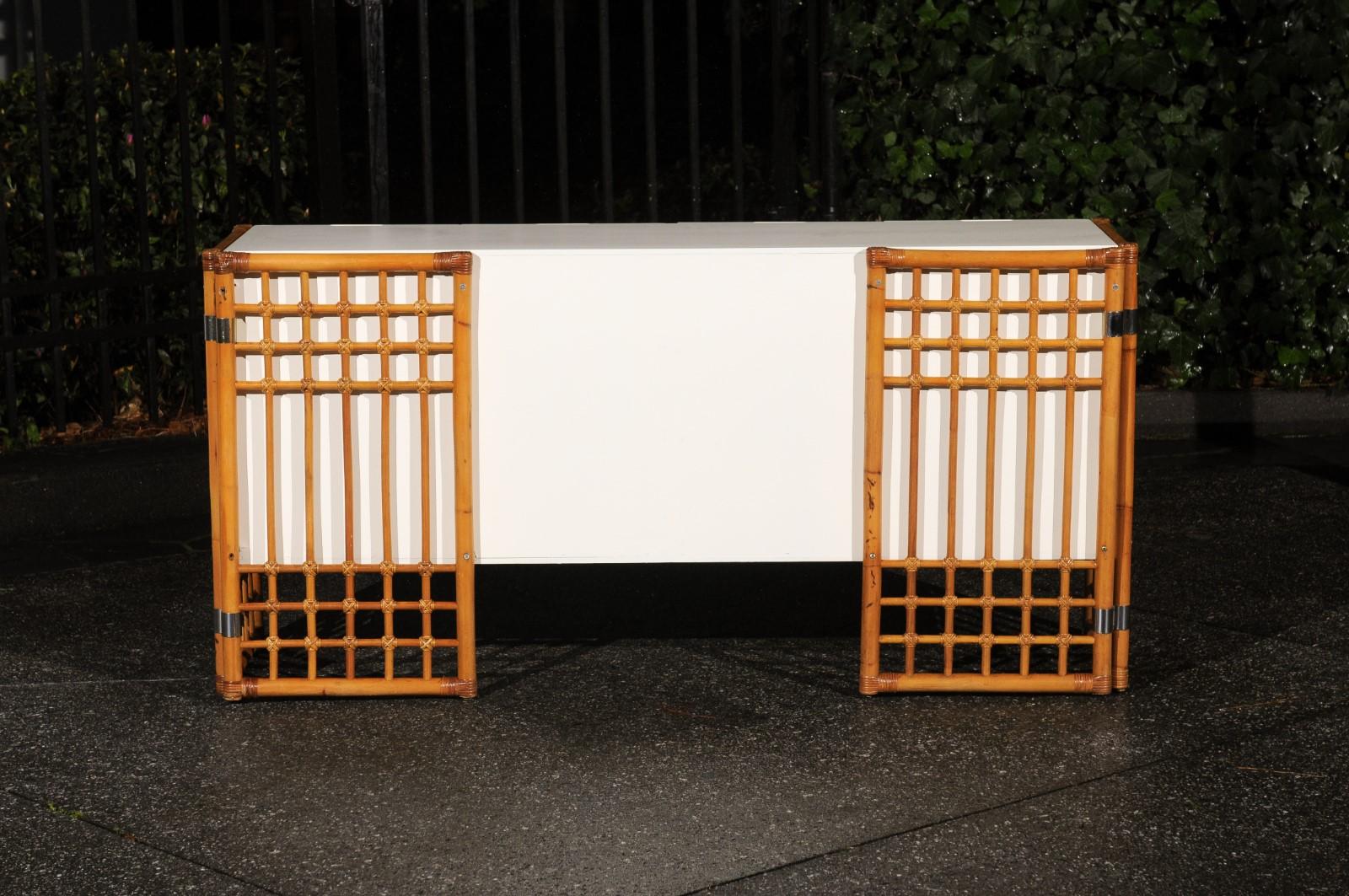 Sleek Restored Cream Lacquer Cabinet with Rattan and Cane Accents, circa 1975 For Sale 6