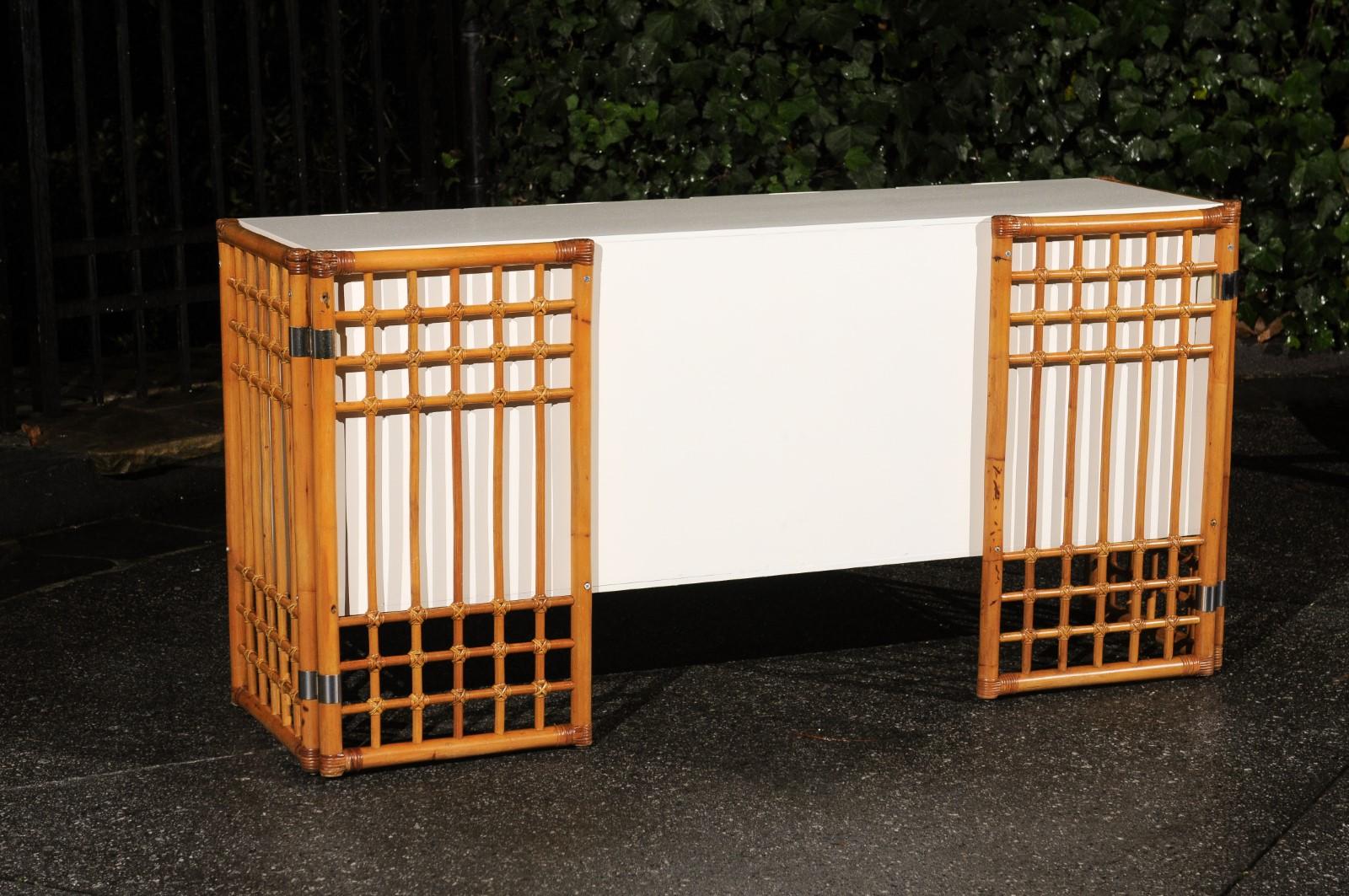 Sleek Restored Cream Lacquer Cabinet with Rattan and Cane Accents, circa 1975 For Sale 7