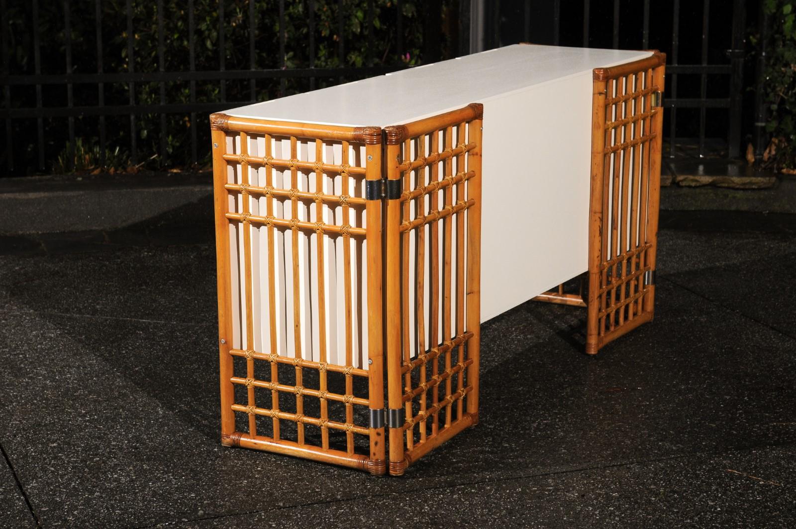 Sleek Restored Cream Lacquer Cabinet with Rattan and Cane Accents, circa 1975 For Sale 8