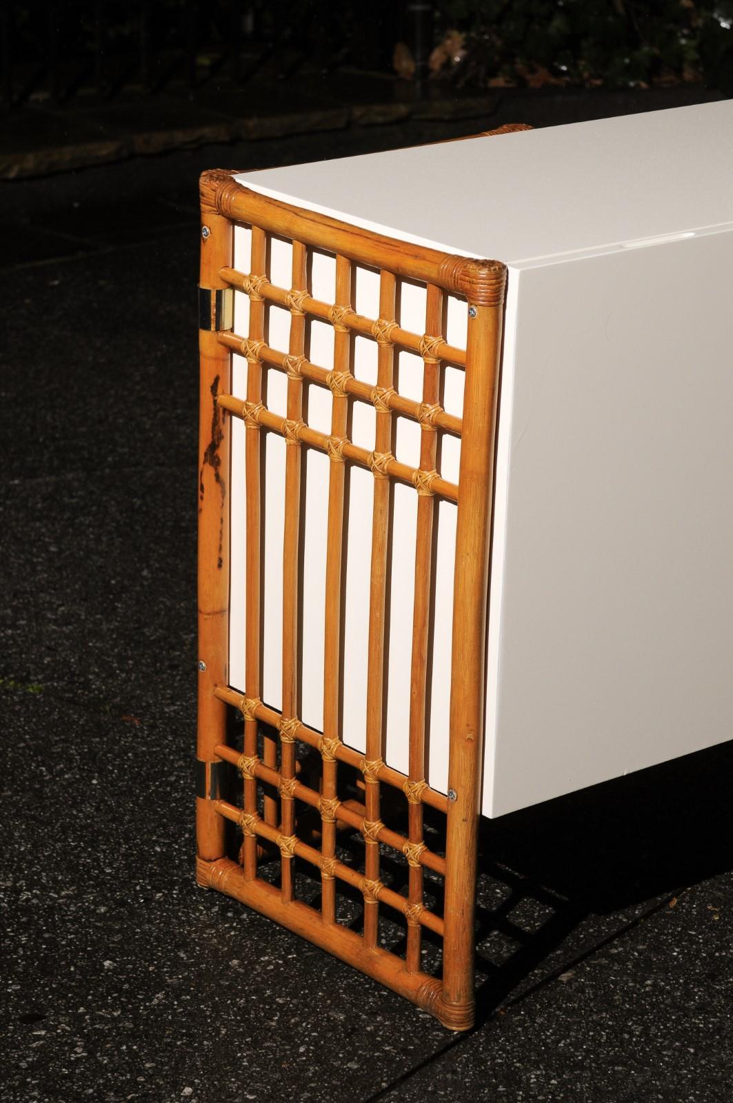 Organic Modern Sleek Restored Cream Lacquer Cabinet with Rattan and Cane Accents, circa 1975 For Sale