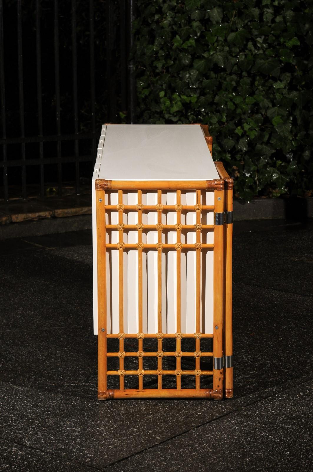 Sleek Restored Cream Lacquer Cabinet with Rattan and Cane Accents, circa 1975 For Sale 2