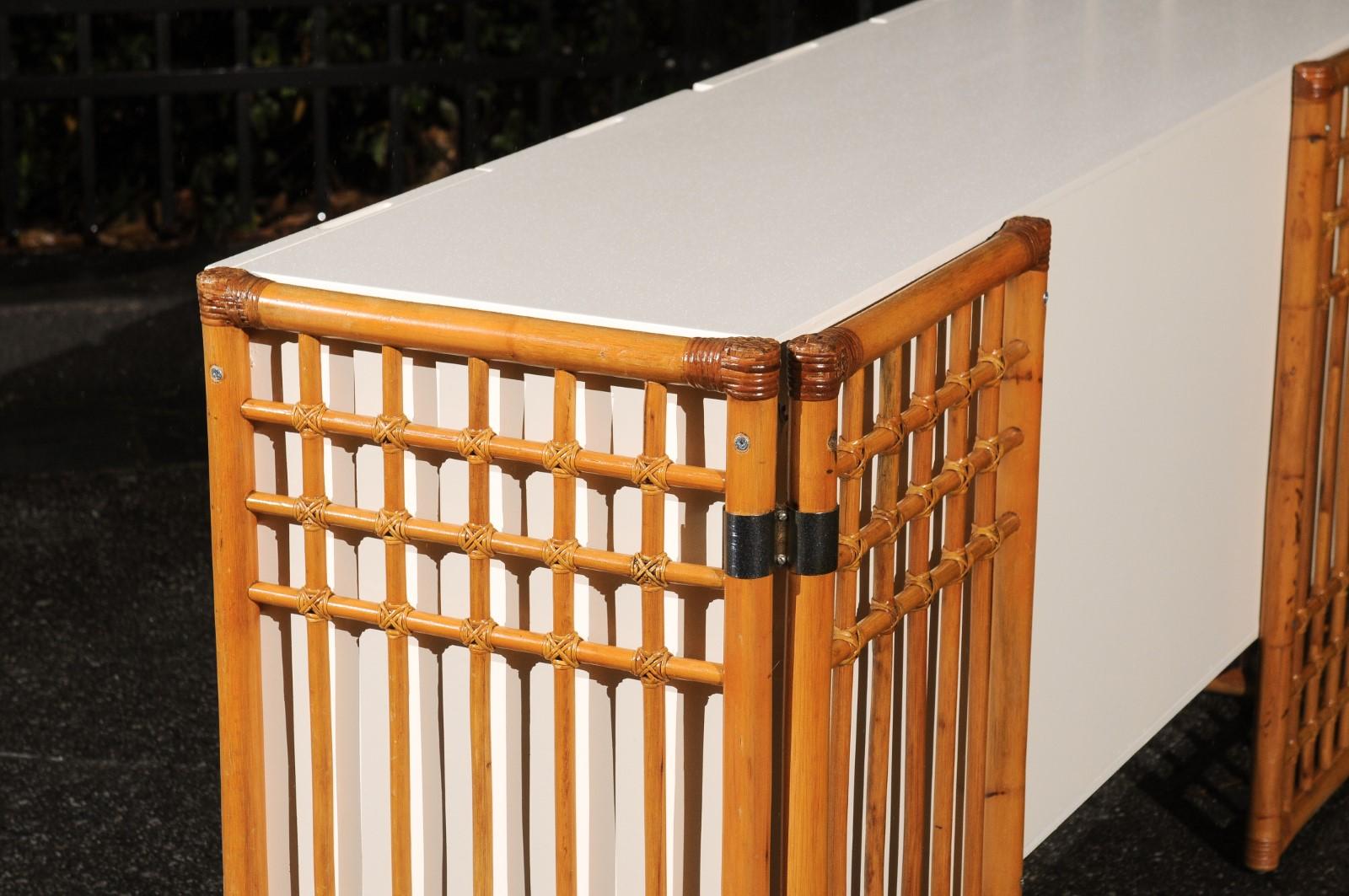 Sleek Restored Cream Lacquer Cabinet with Rattan and Cane Accents, circa 1975 For Sale 3