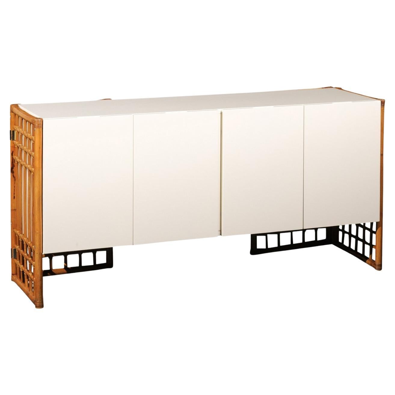 Sleek Restored Cream Lacquer Cabinet with Rattan and Cane Accents, circa 1975 For Sale