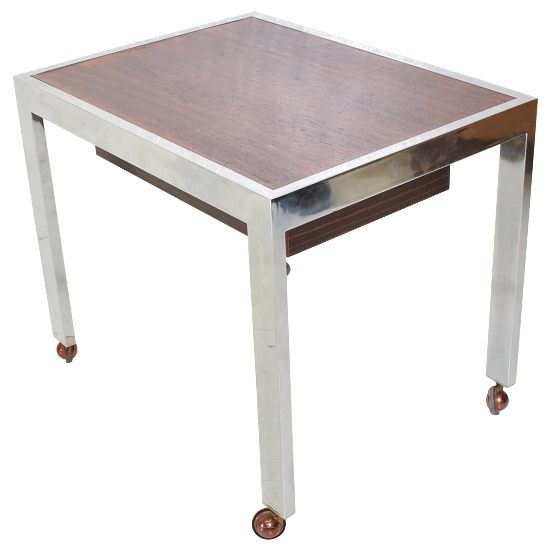 Sleek Rosewood & Chrome Rectangular Side Table on Rolling Casters 1960s Modern