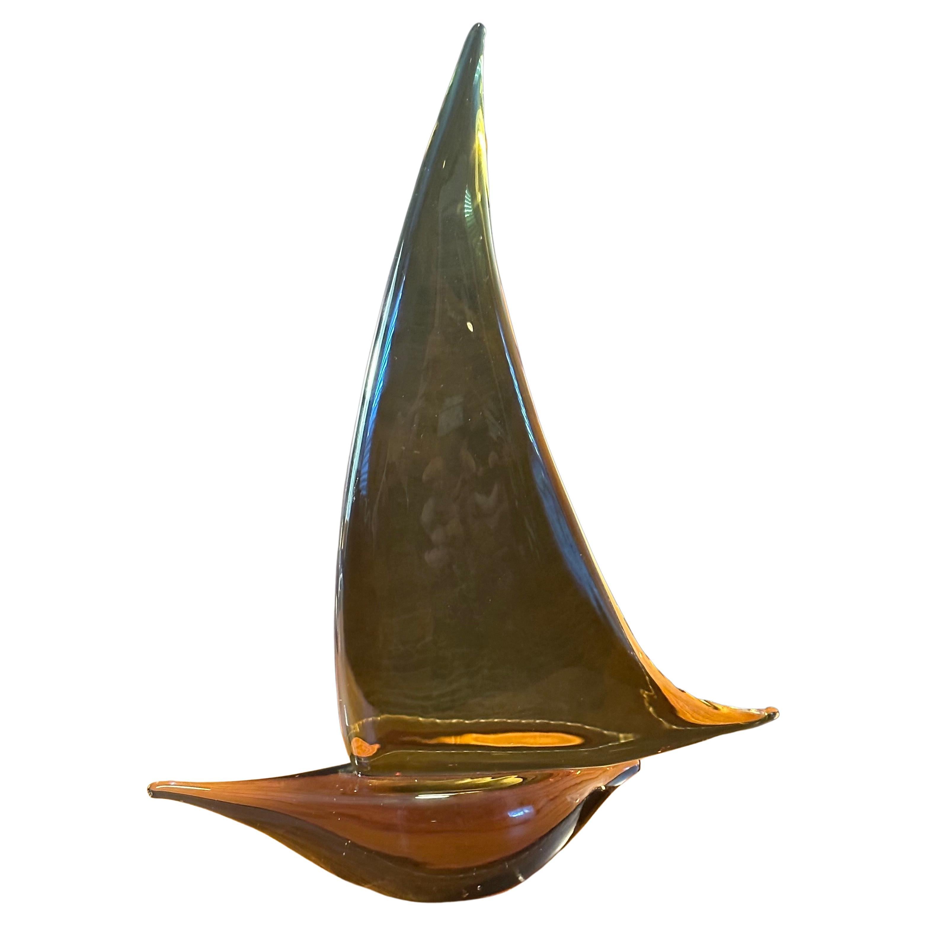 Italian Sleek Sailboat Sculpture in Amber Art Glass by Murano Glass For Sale