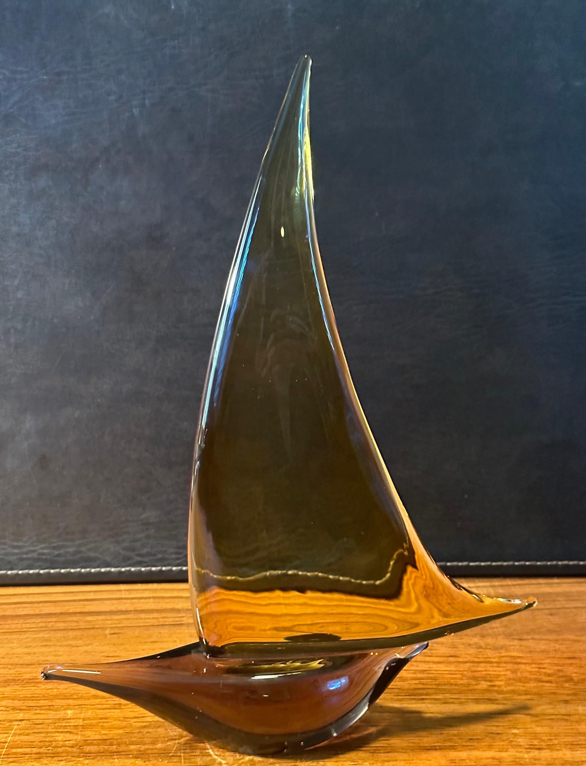 Sleek Sailboat Sculpture in Amber Art Glass by Murano Glass For Sale 2