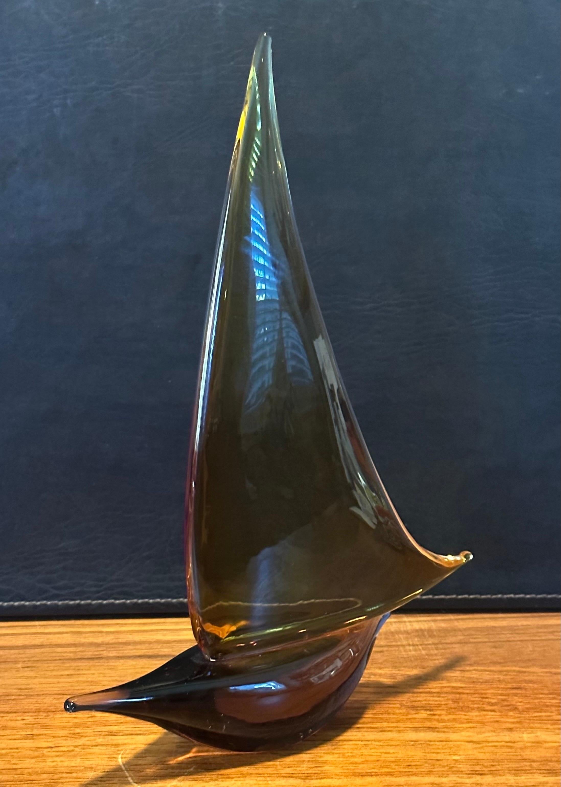Sleek Sailboat Sculpture in Amber Art Glass by Murano Glass For Sale 3