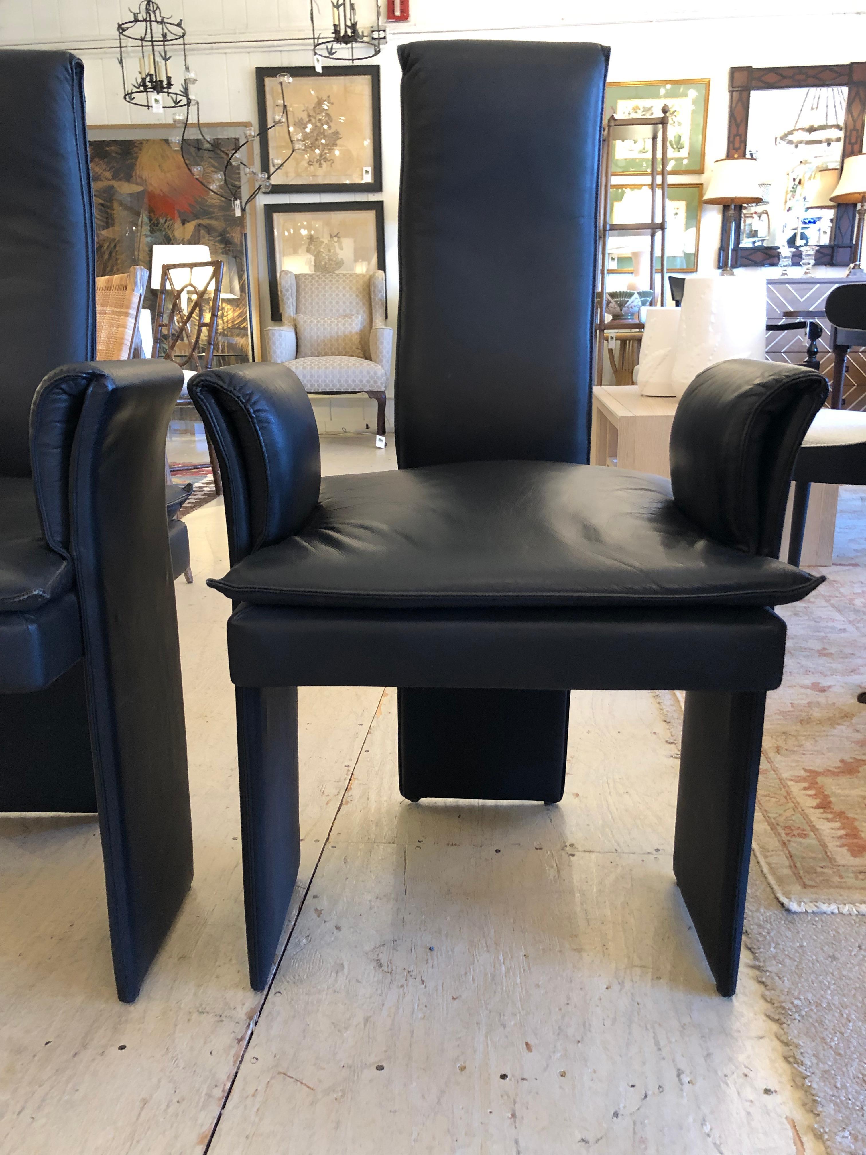 Sleek Sculptural Black Leather Vintage Italian Armchairs In Good Condition For Sale In Hopewell, NJ