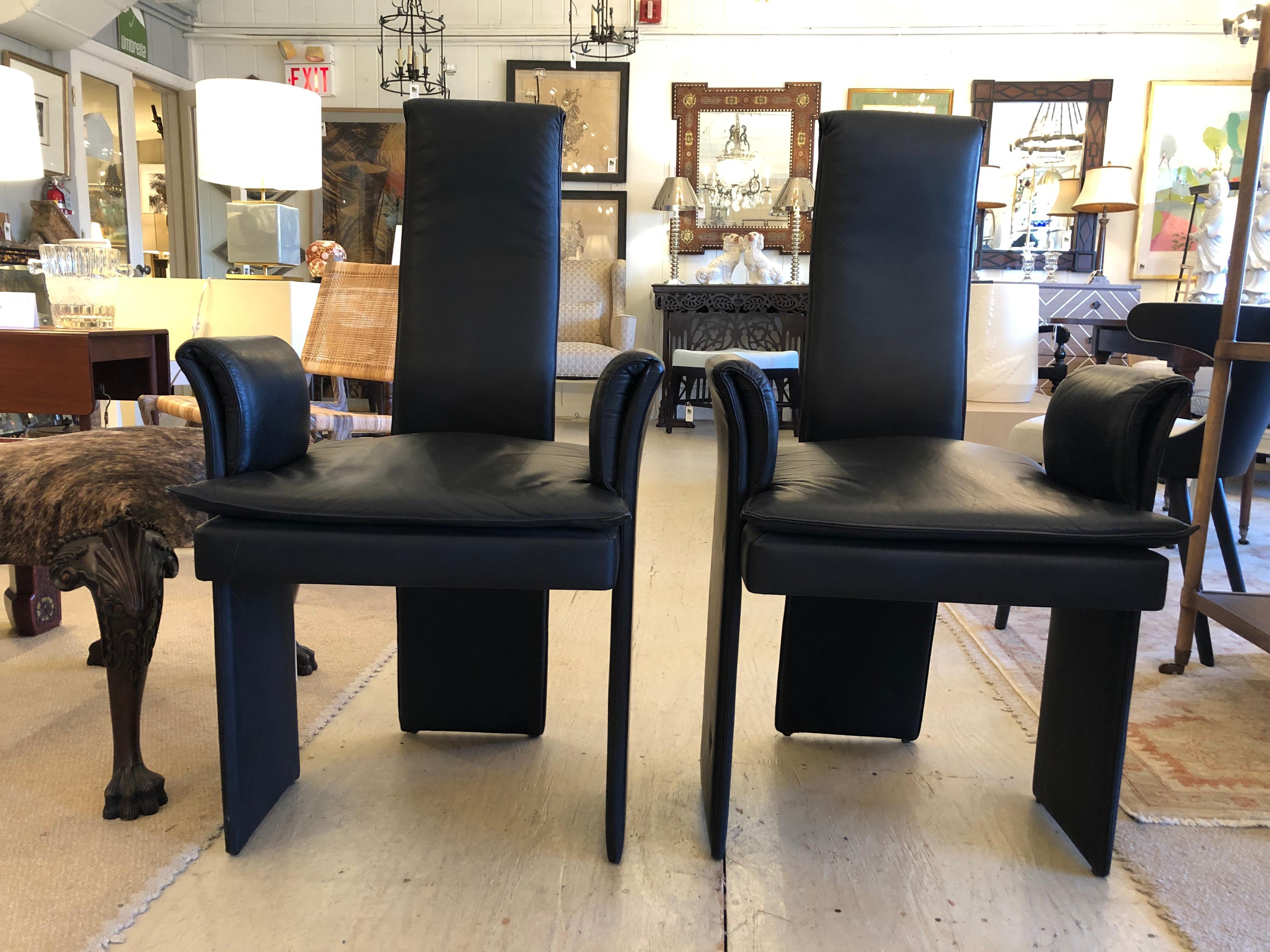 Sleek Sculptural Black Leather Vintage Italian Armchairs For Sale 4