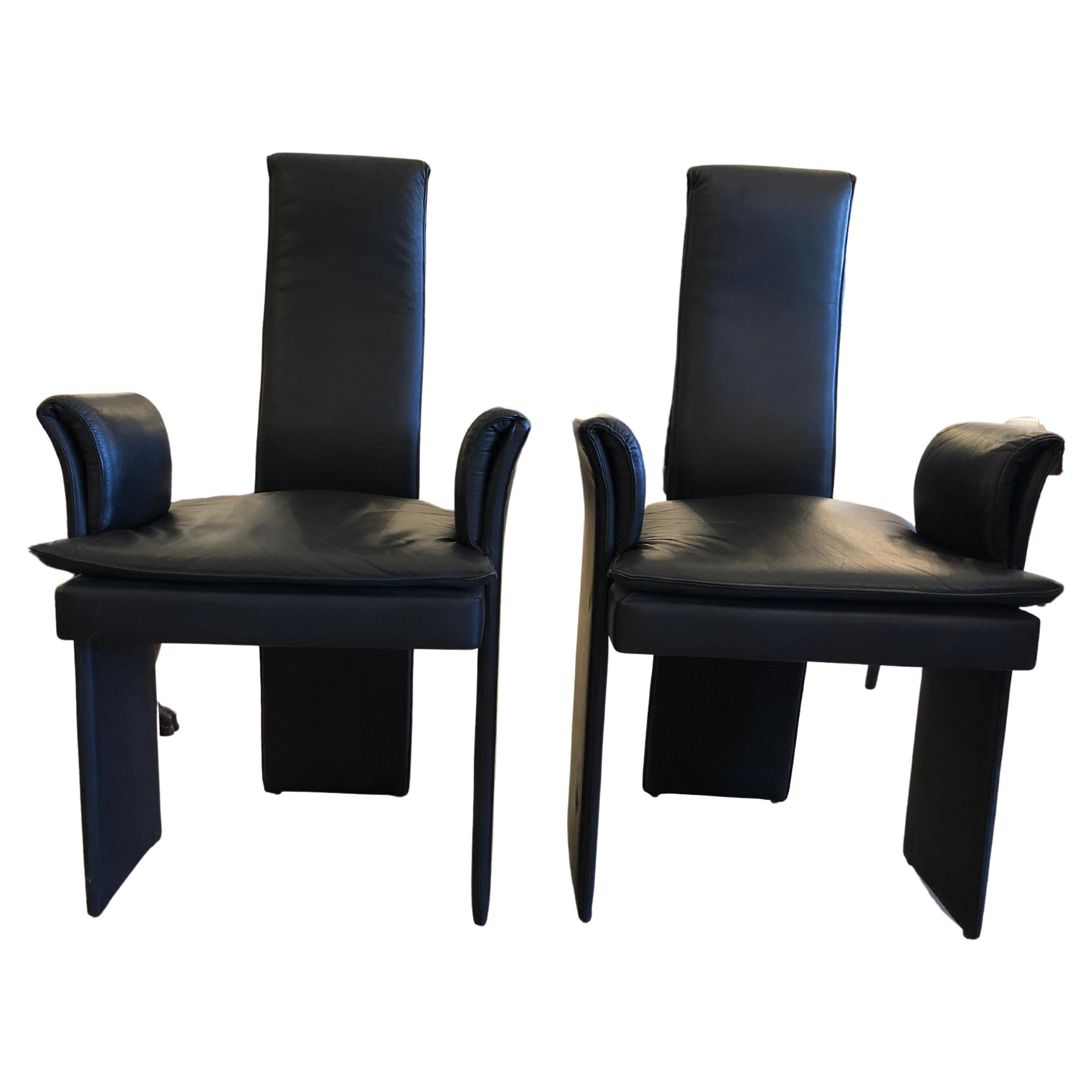 Sleek Sculptural Black Leather Vintage Italian Armchairs