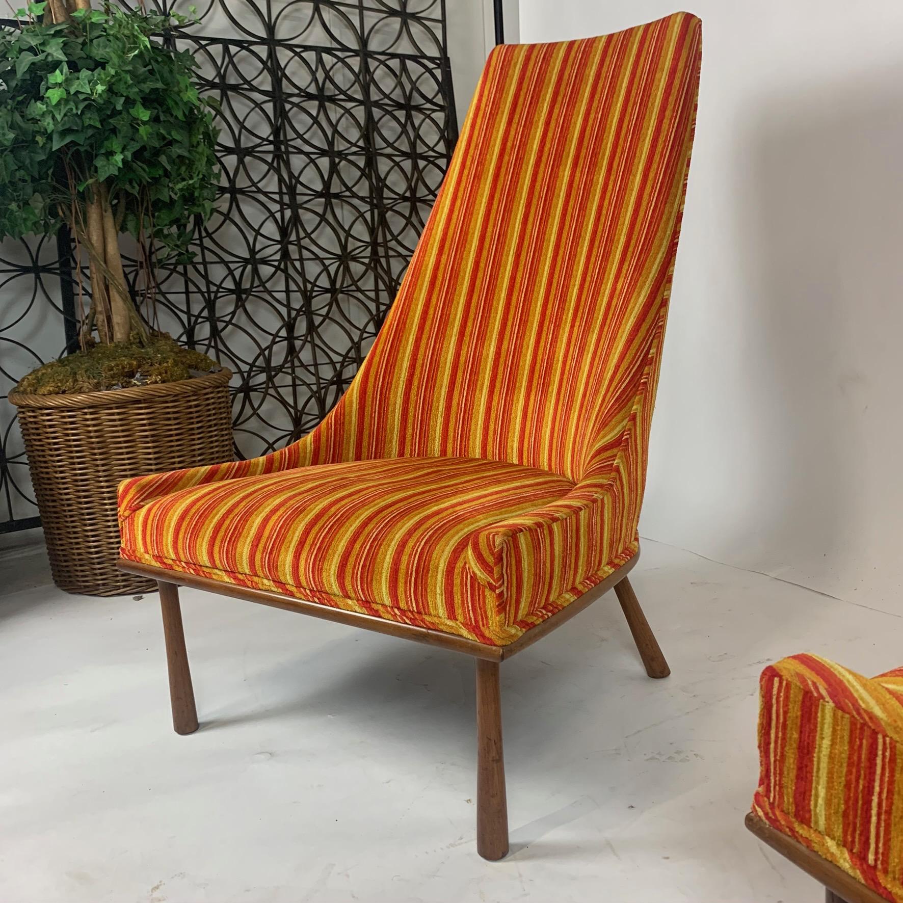 Sleek and sculptural heavy striped velvet upholstered chairs designed by Erwin Lambeth for John Stuart. This particular style is very hard to fine and absolutely stunning in person. Leg of one of the chairs has an old repair as shown in photo 8 and