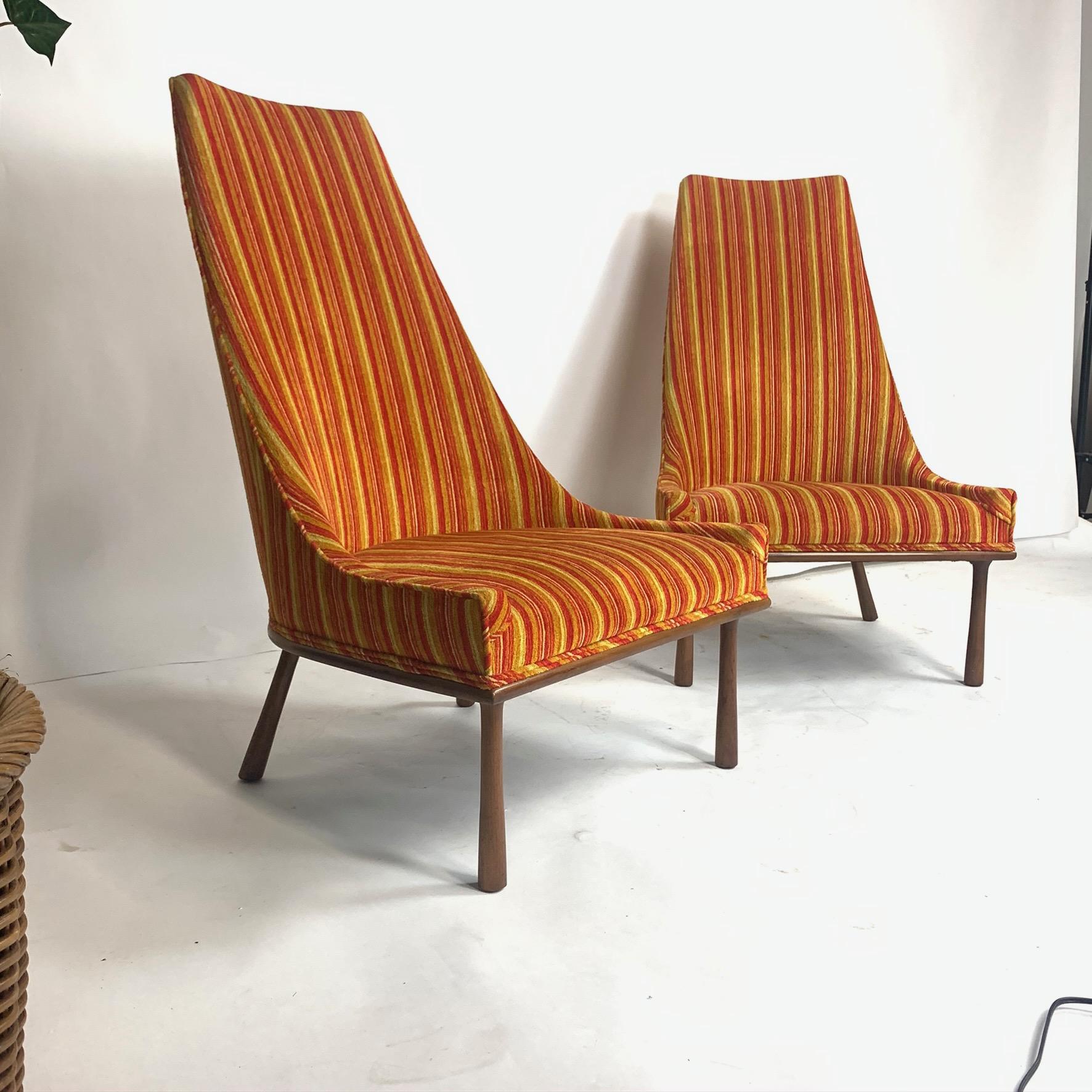Carved Sleek Sculptural High Back Chairs 1960s Mid-Century Modern Velvet and Walnut