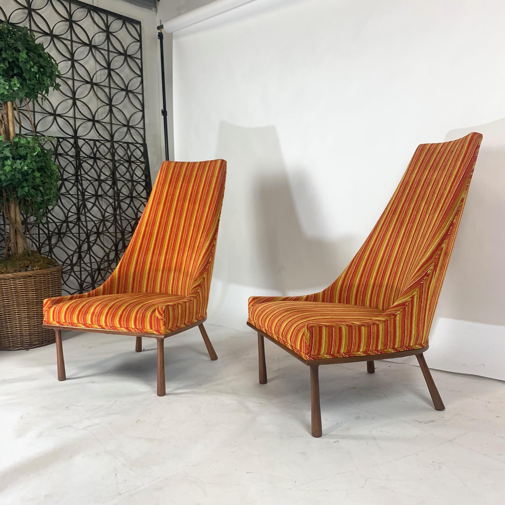 Upholstery Sleek Sculptural High Back Chairs 1960s Mid-Century Modern Velvet and Walnut
