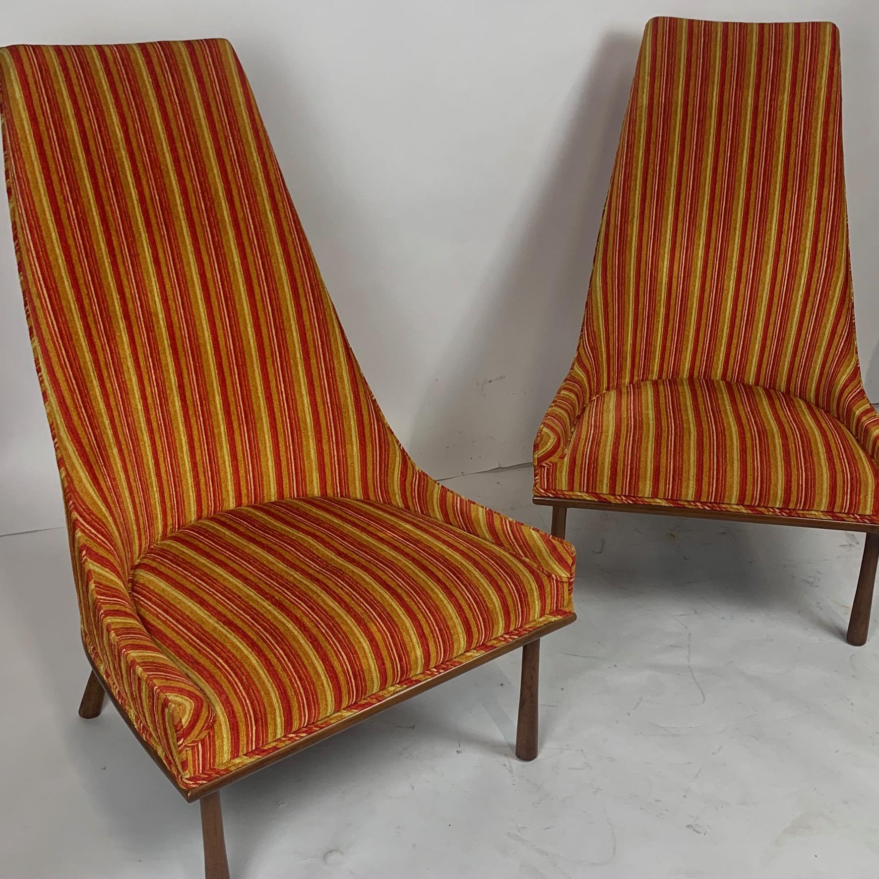 Sleek Sculptural High Back Chairs 1960s Mid-Century Modern Velvet and Walnut 1