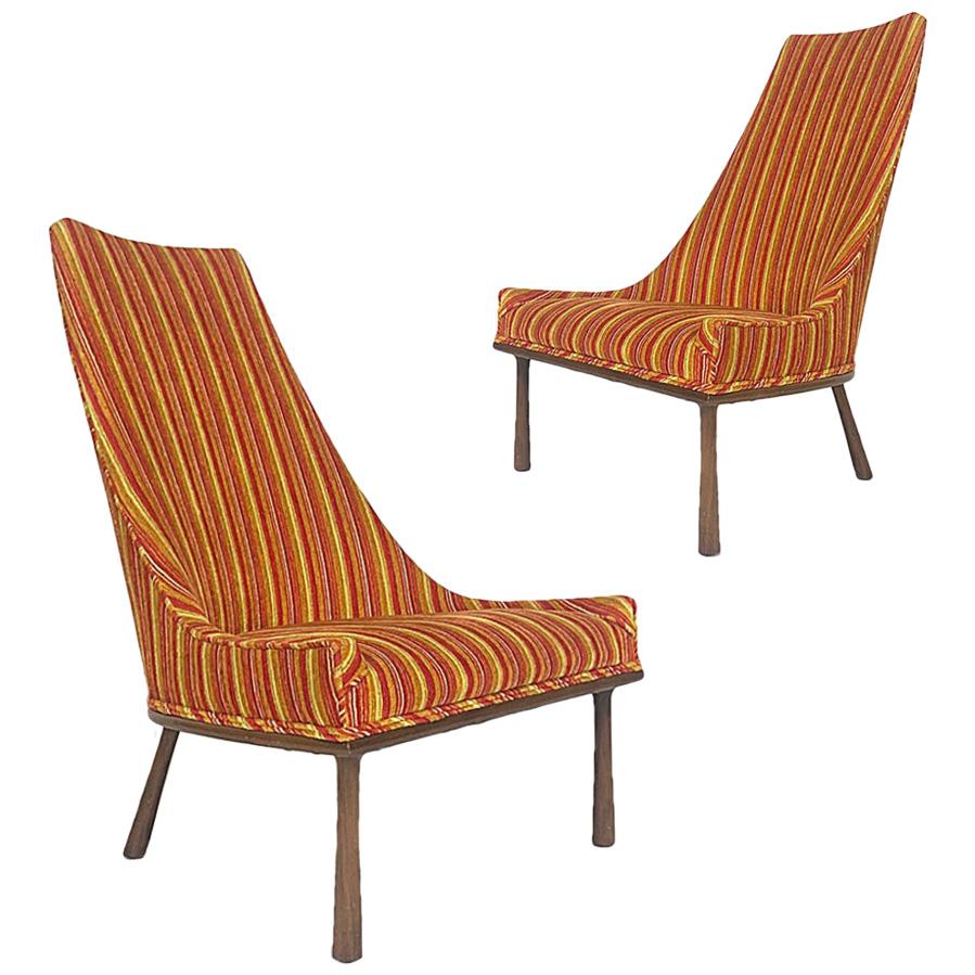 Sleek Sculptural High Back Chairs 1960s Mid-Century Modern Velvet and Walnut