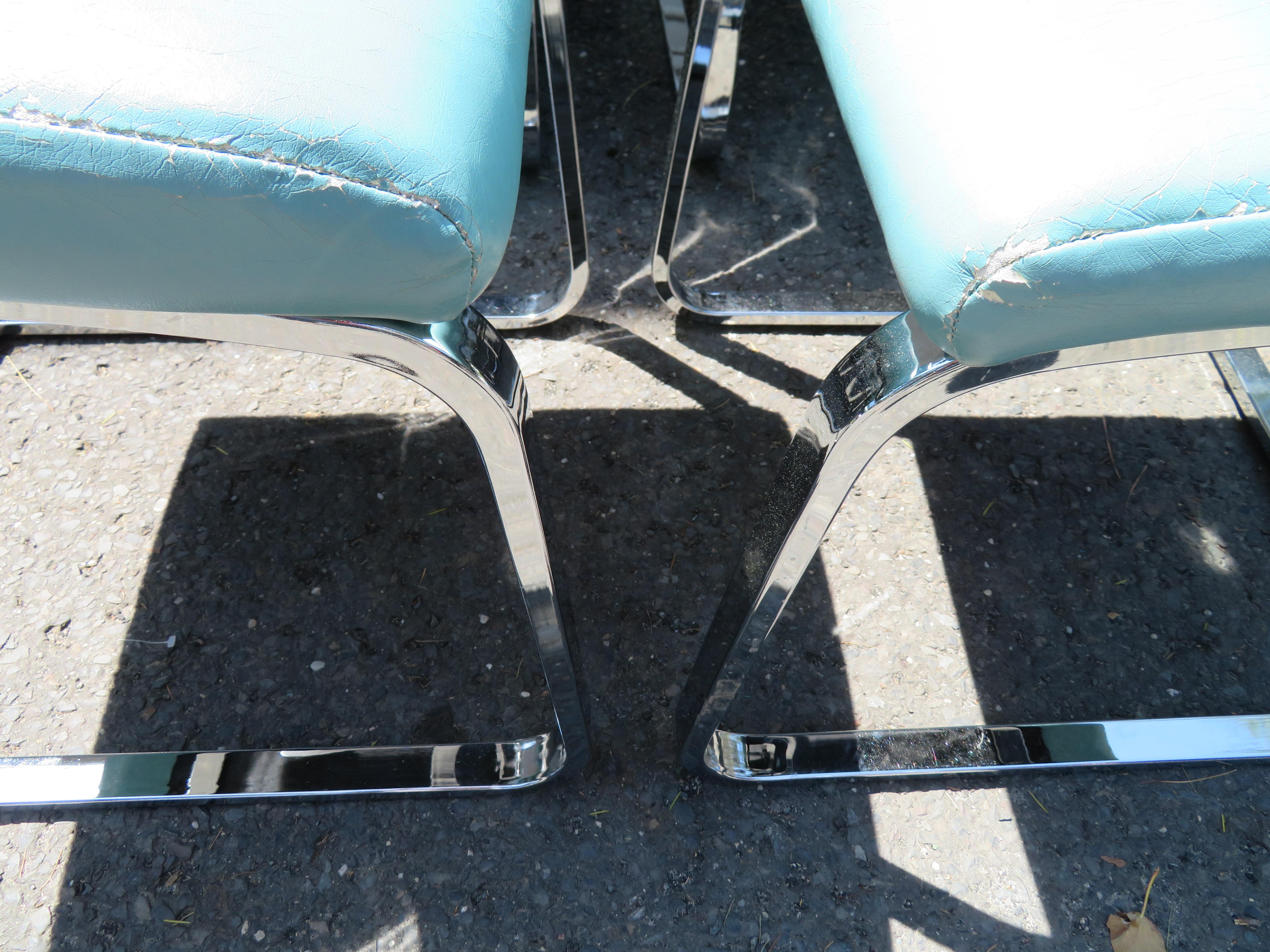 American Sleek Set 6 Milo Baughman Style Cantilevered Chrome Dining Chairs Mid-Century For Sale