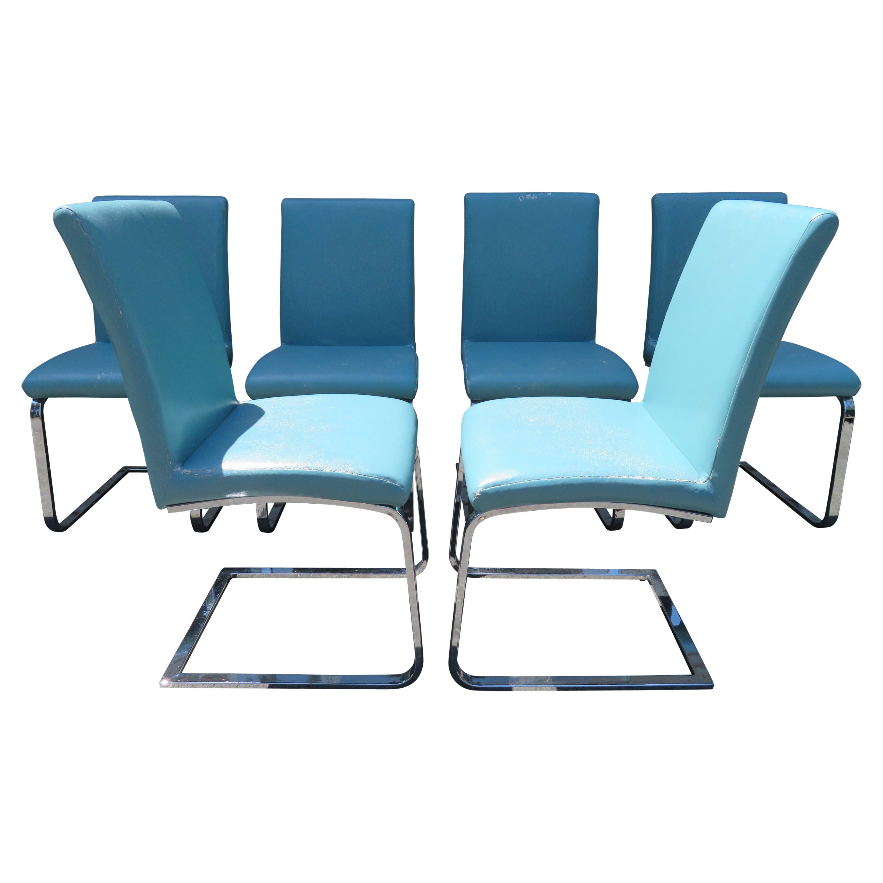 Sleek Set 6 Milo Baughman Stil Freischwinger Chrom Esszimmerstühle Mid-Century