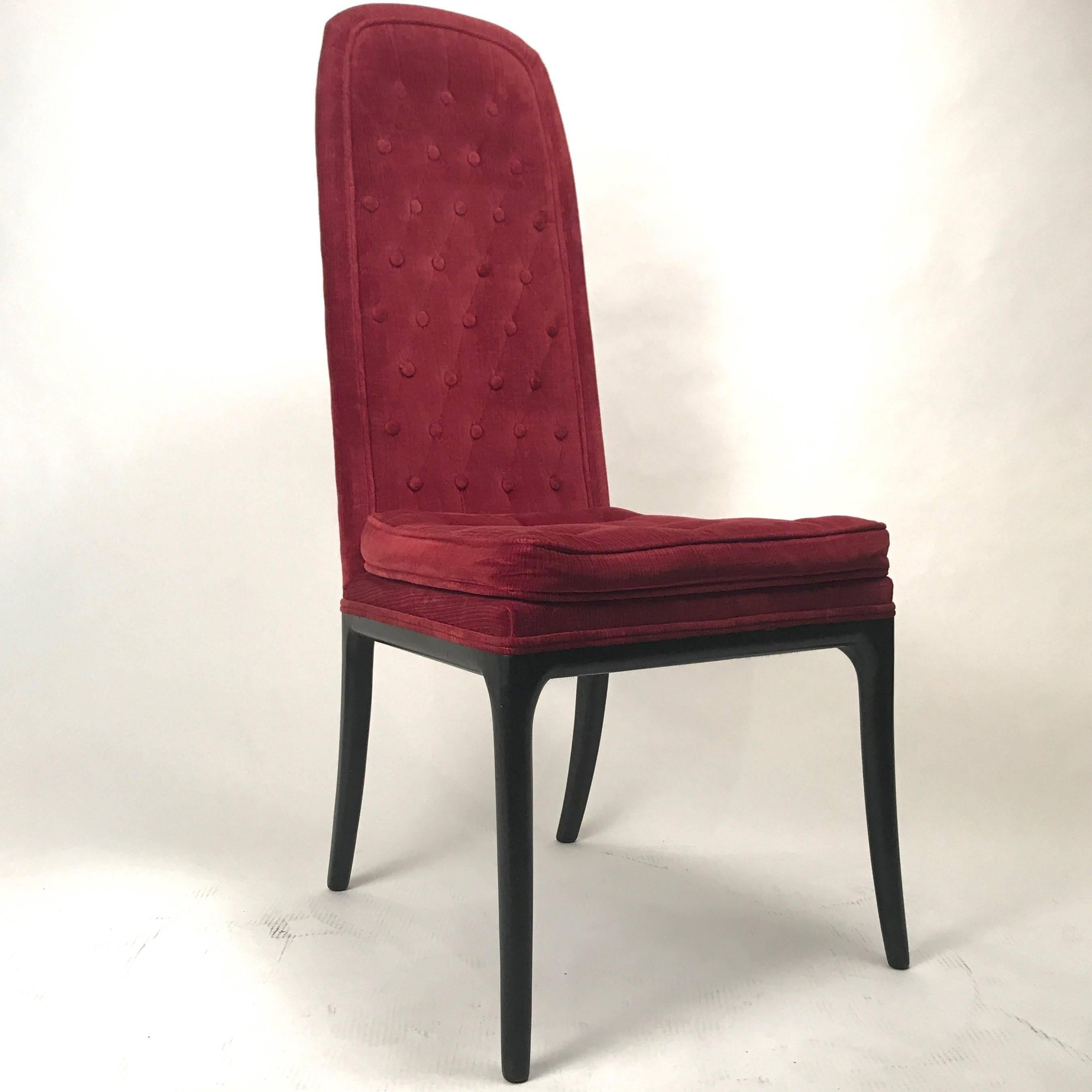 A set of six very elegant dining or occasional chairs in the original cranberry colored velour upholstery. Good usable original upholstery.