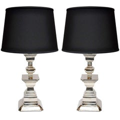 Sleek Silvered Bronze Pair of Table Lamps