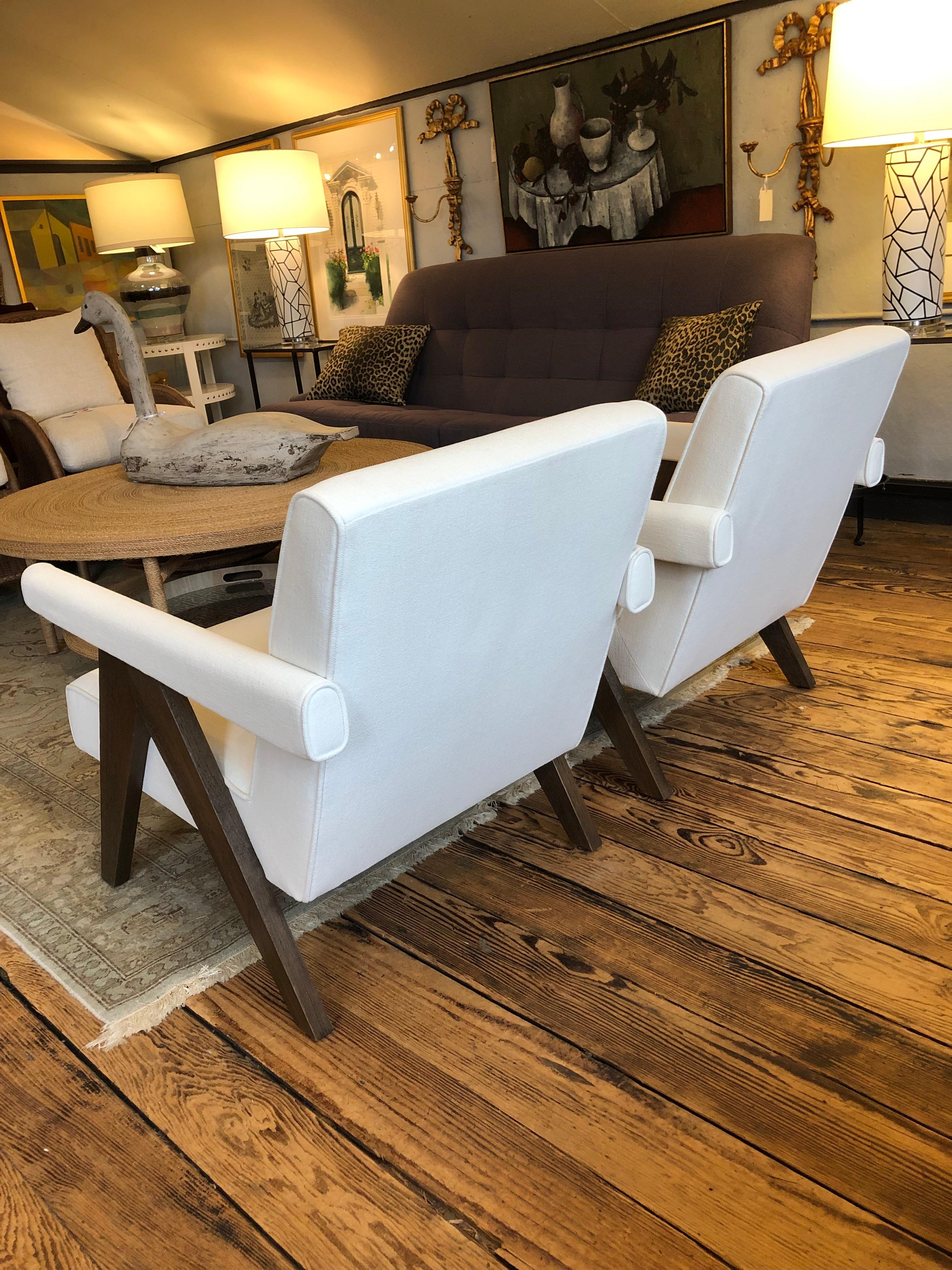 Upholstery Sleek Sophisticated Upholstered Club Chairs with Walnut Legs For Sale