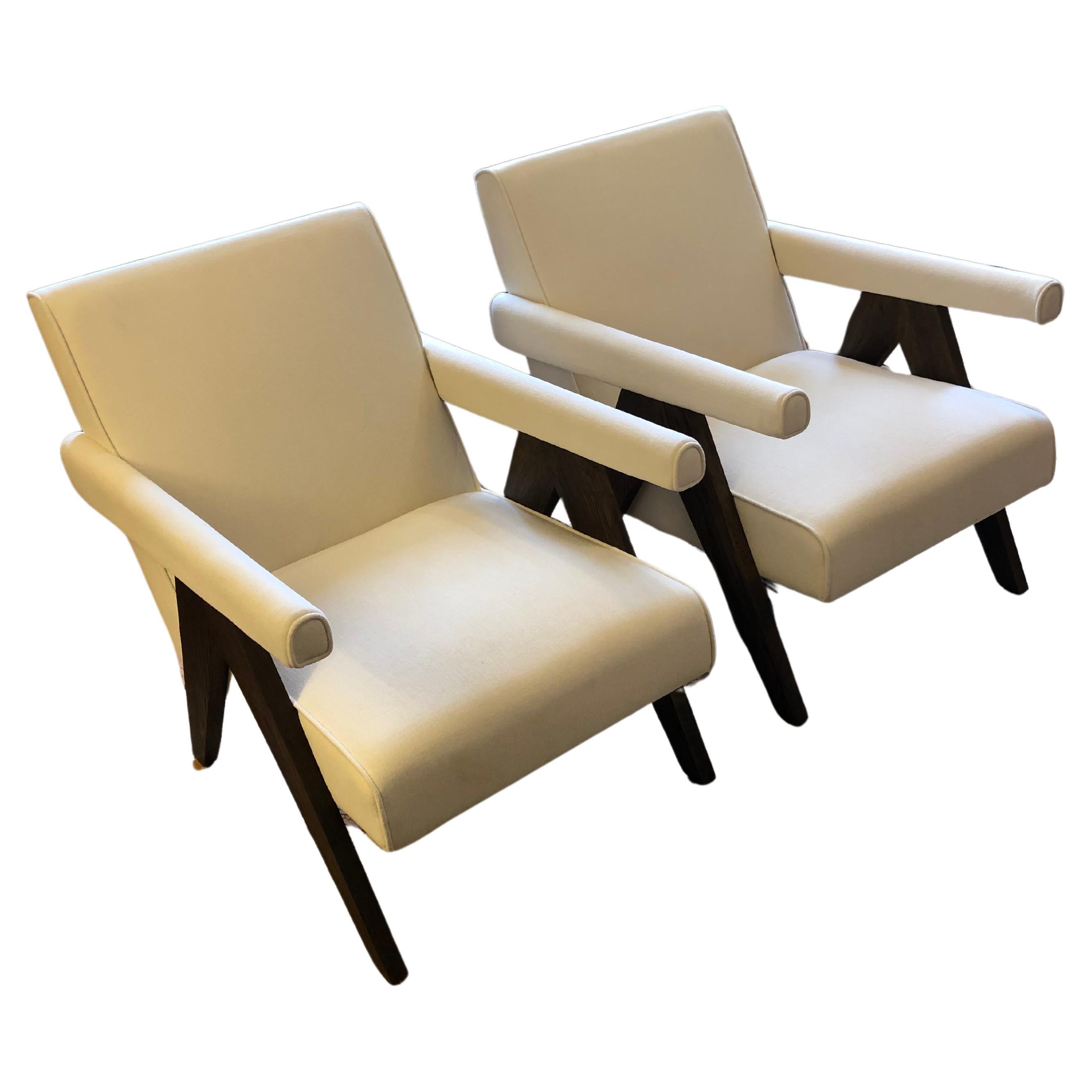 Sleek Sophisticated Upholstered Club Chairs with Walnut Legs For Sale