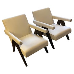 Sleek Sophisticated Upholstered Club Chairs with Walnut Legs