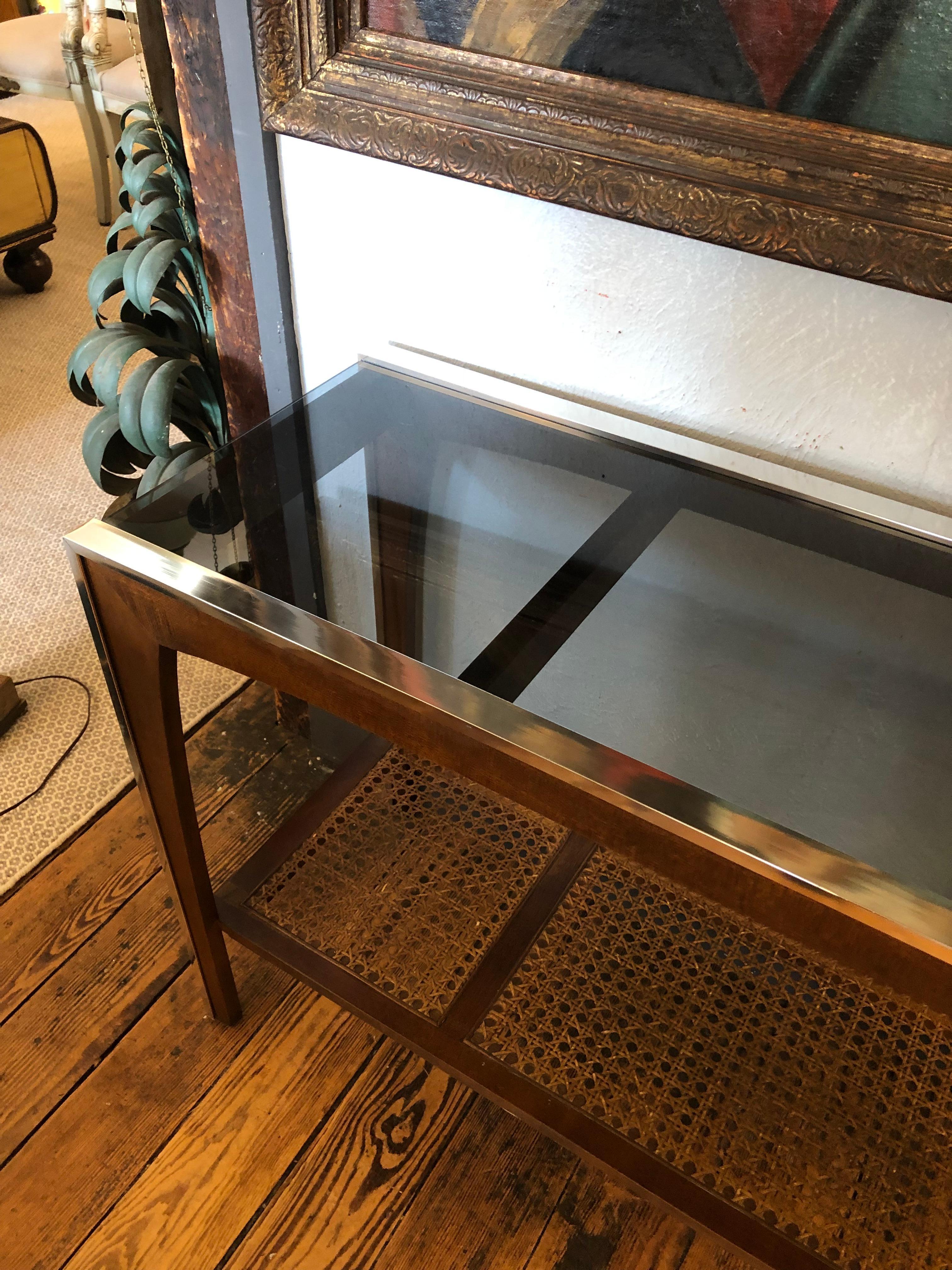 Mid-Century Modern Sleek Sophisticated Wood Chrome and Glass Console Table For Sale