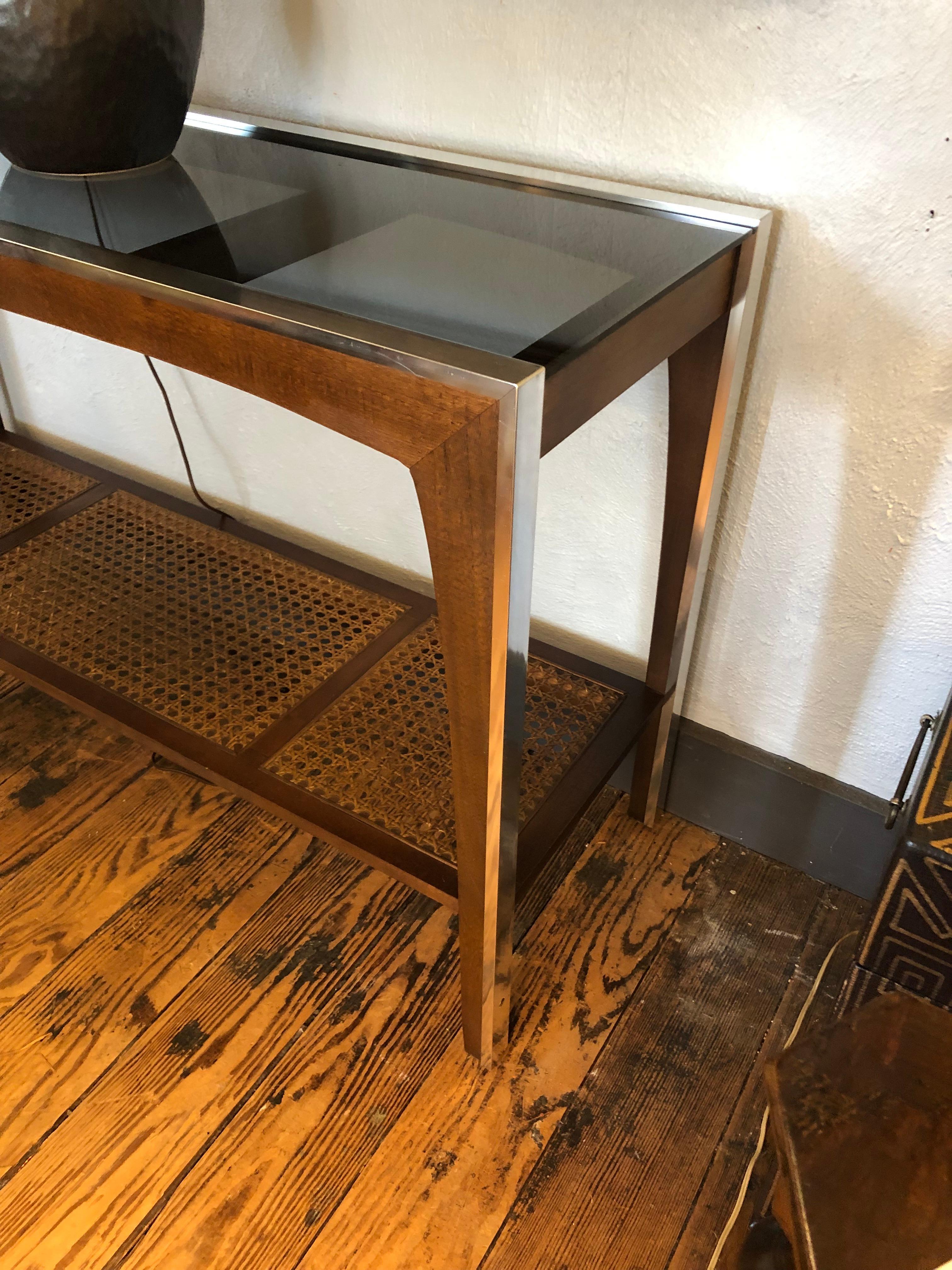 Sleek Sophisticated Wood Chrome and Glass Console Table In Good Condition For Sale In Hopewell, NJ