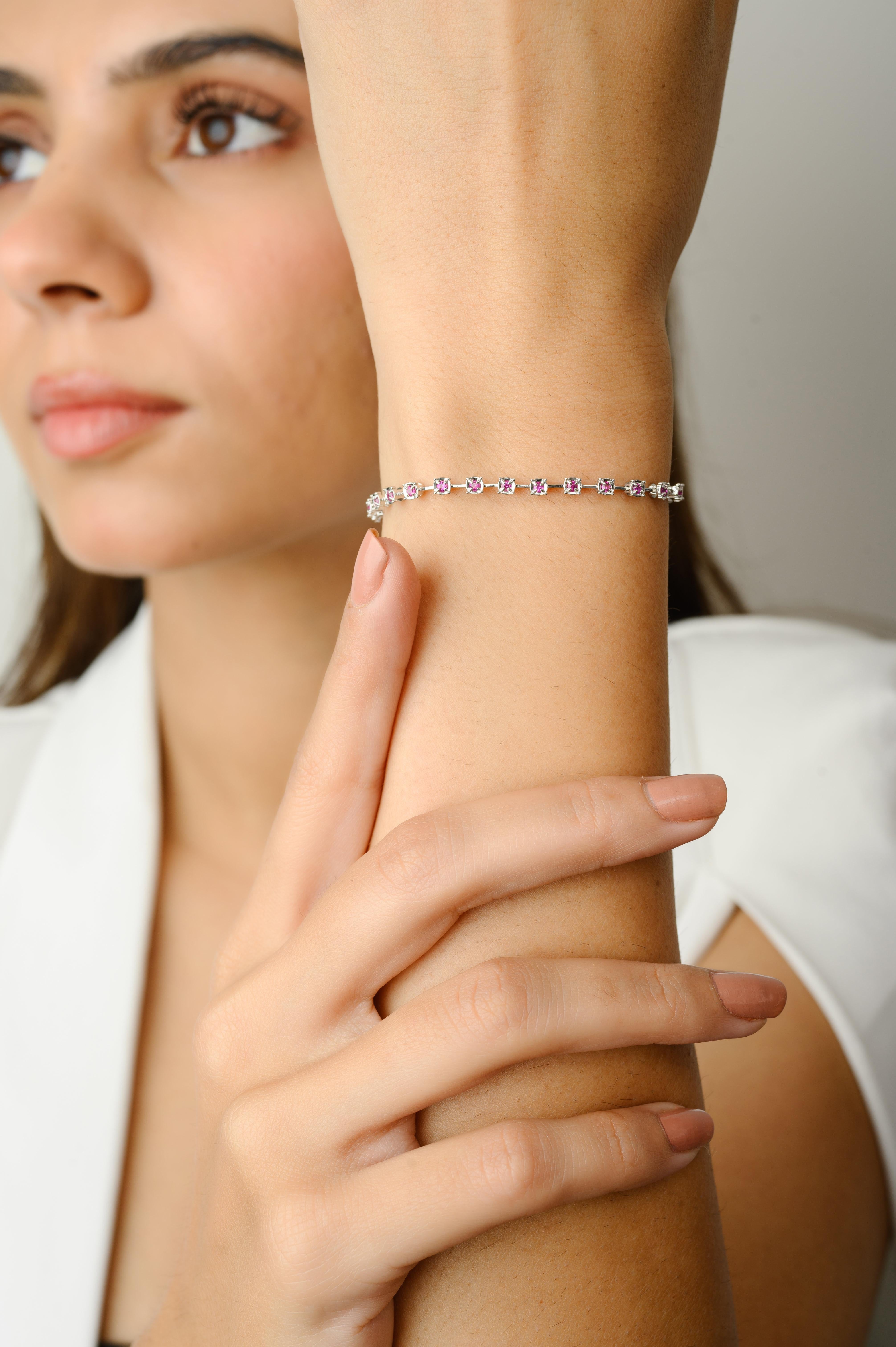 This Handcrafted Minimalist Ruby Bracelet in 18K gold showcases 35 endlessly sparkling natural ruby, weighing 0.78 carats. It measures 7 inches long in length. 
Sapphire stimulates concentration and reduces stress.
Designed with perfect round cut