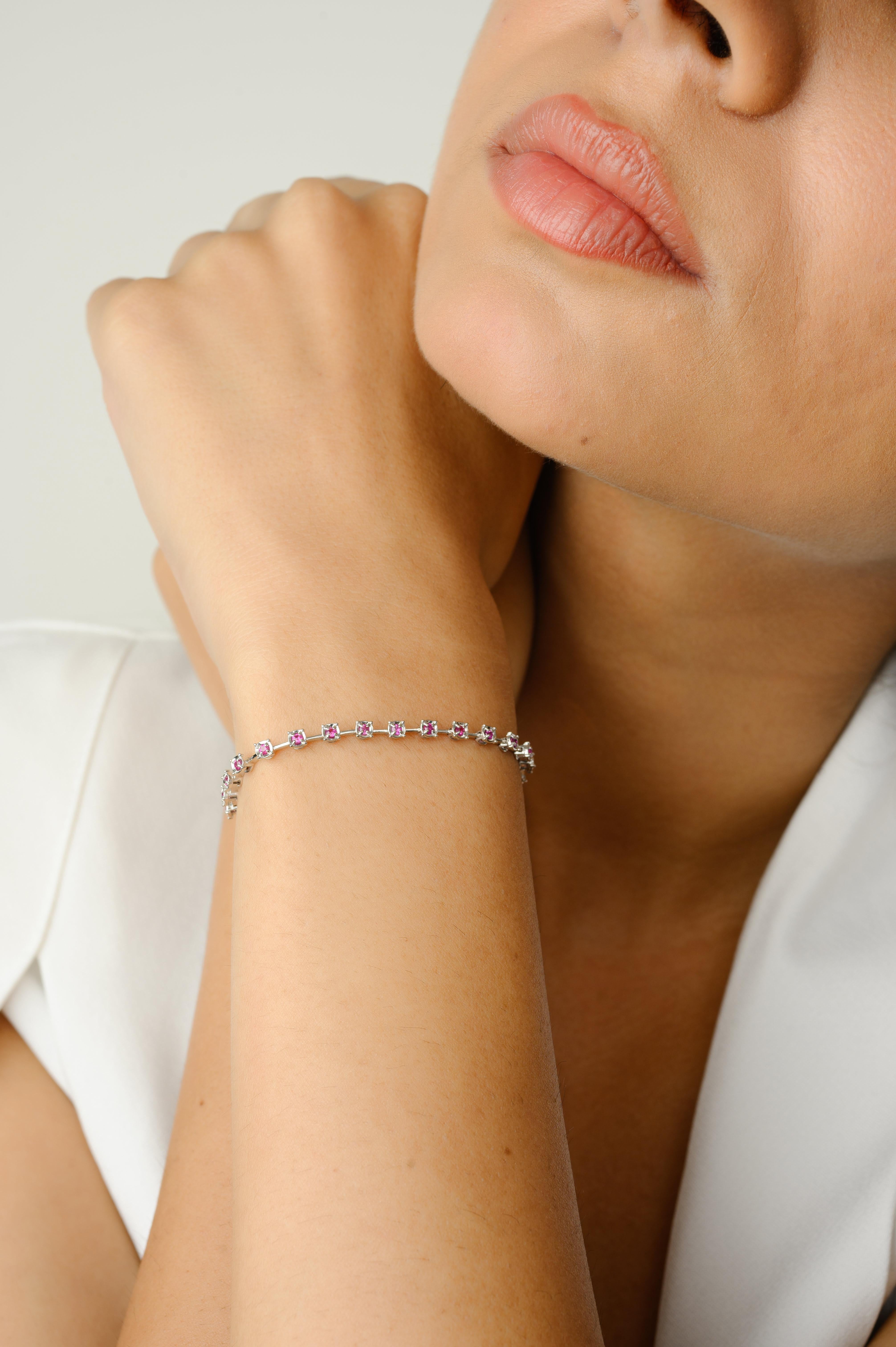 Women's Sleek Stackable Minimalist Ruby Bracelet 18K Solid White Gold Everyday Jewelry For Sale
