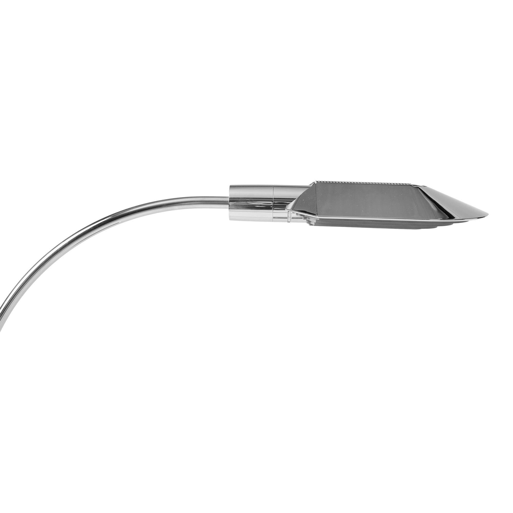 A sleek Cedric Hartman chrome floor lamp with a curved, pivoting stem terminating in a swiveling, modified tent style vented shade with in-socket dimmer.