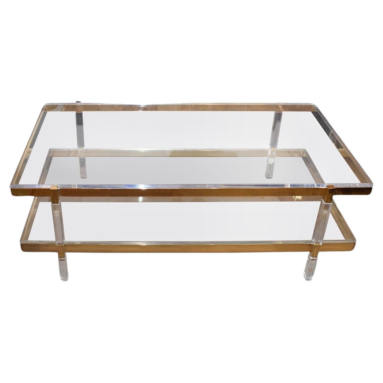Sleek Vintage Lucite & Brass Two-Tier Coffee Table by Charles Hollis Jones For Sale