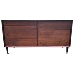 Sleek Walnut Mid-Century Modern Chest of Drawers Credenza