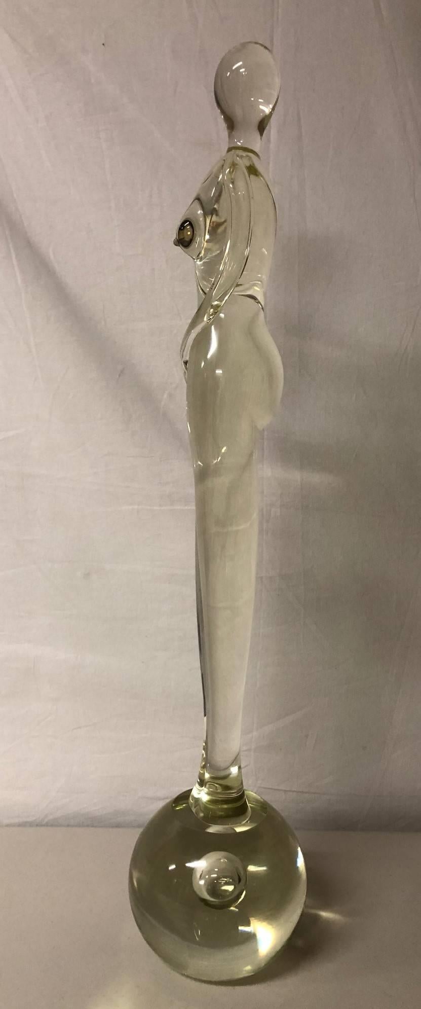 Italian Sleek, Modernist Form Nude Woman Sculpture on Round Glass Base by Murano Glass