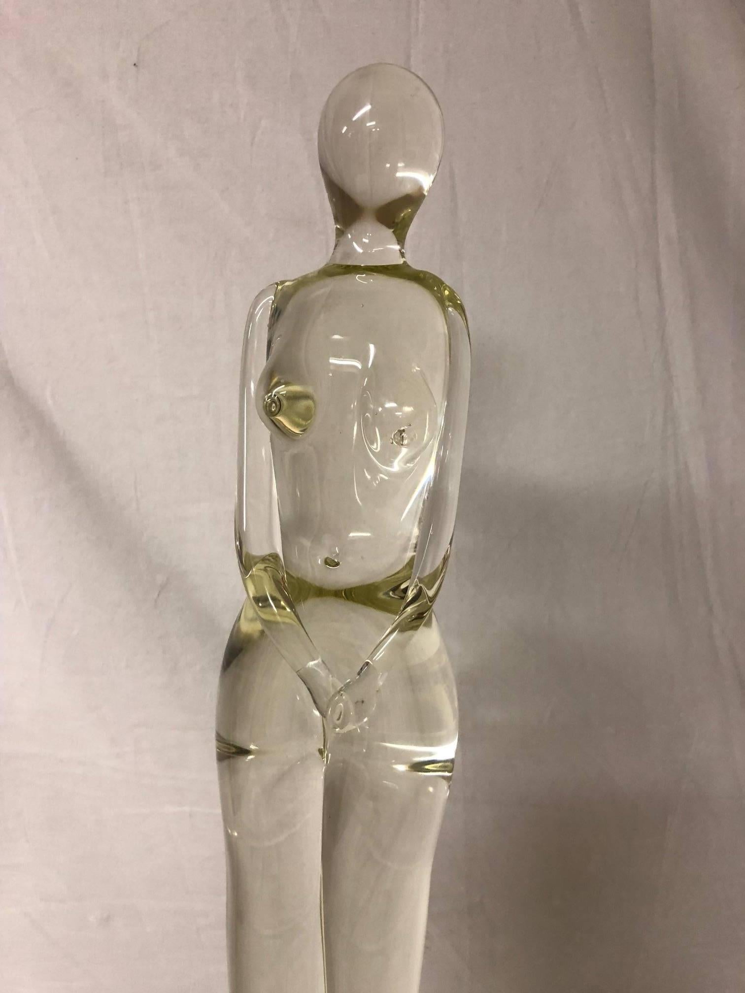 Art Glass Sleek, Modernist Form Nude Woman Sculpture on Round Glass Base by Murano Glass