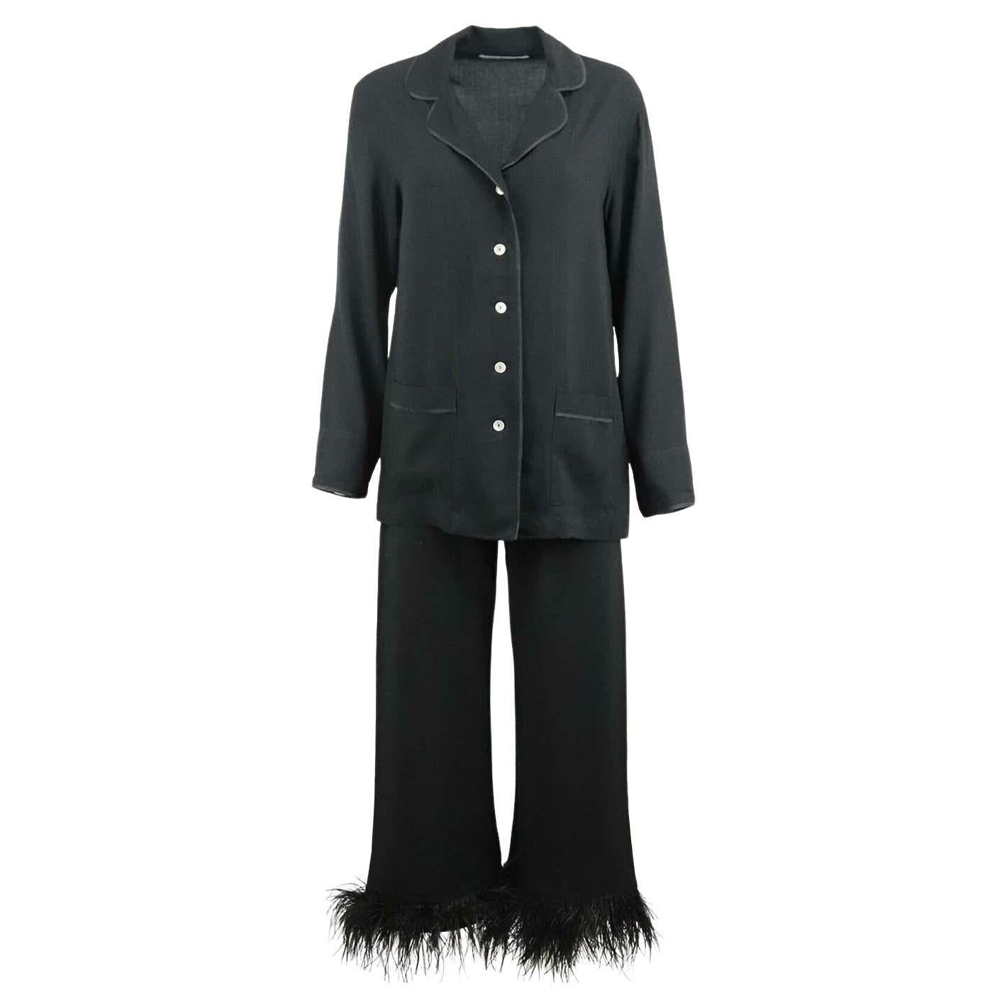 Sleeper Feather Trimmed Crepe De Chine Pyjama Set Small