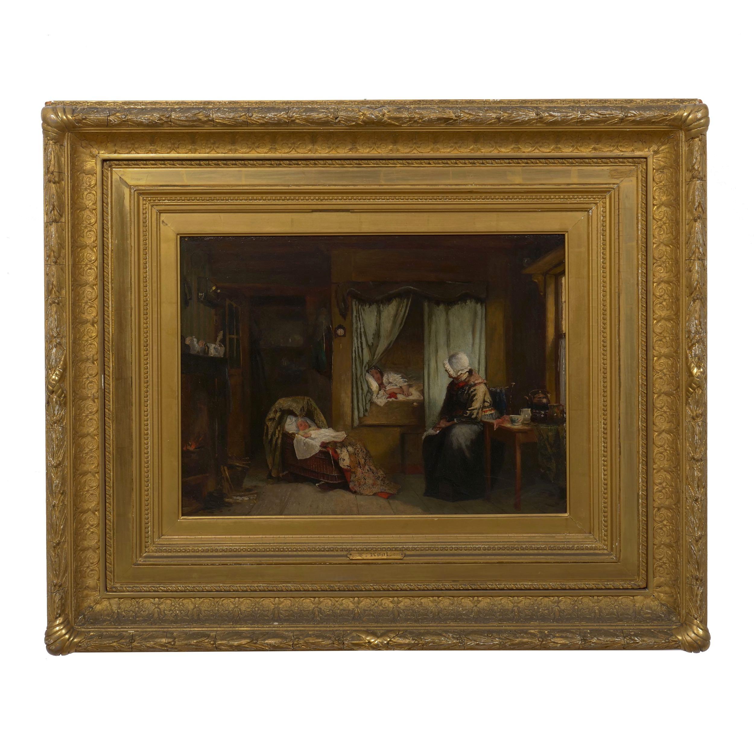 A rich and romantic interior scene capturing domestic life in a small peasant home, it is a delightful scene that depicts a humble but comfortable space. It captures the joy and exhaustion of a new baby as the infant rests in the wooden cradle while