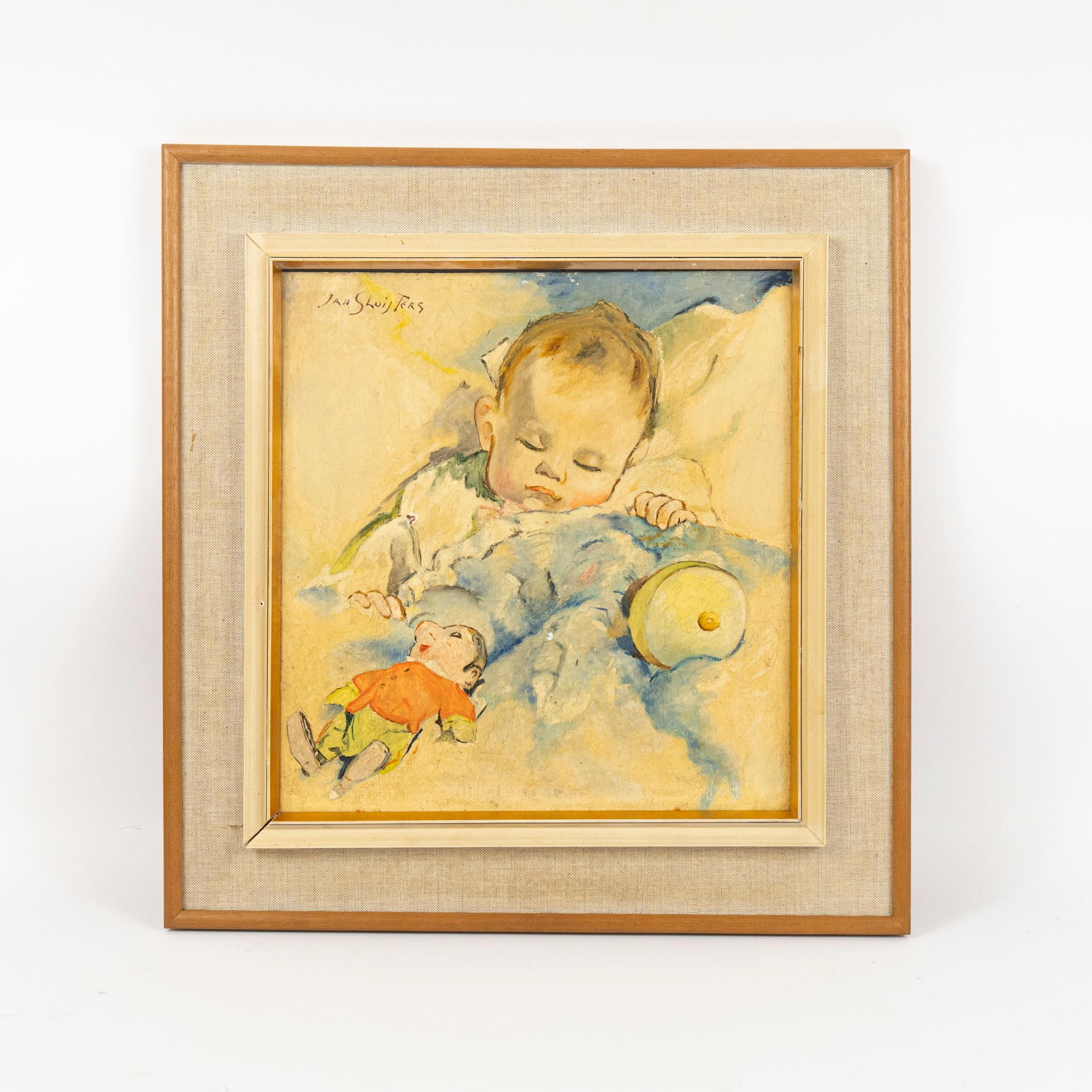 This oil painting on panel by Jan Sluijters depicts a peaceful domestic scene of a sleeping child surrounded by scattered toys on a soft blanket. The work radiates tenderness, with Sluijters’ characteristic use of light and color lending warmth and