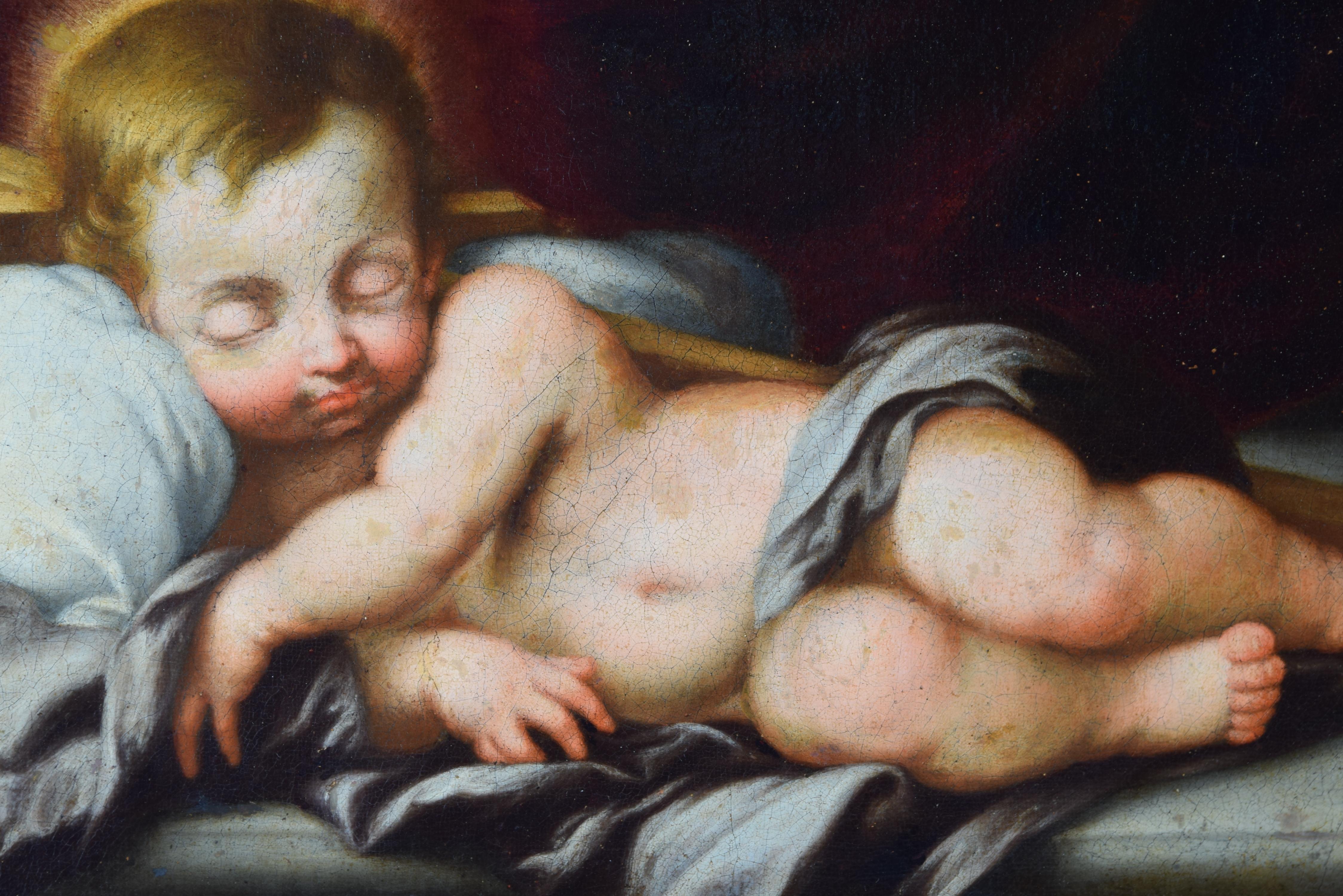 Sleeping Baby Jesus and Saint John, couple. Oil paintings on canvas. Linked to the environment of MURILLO, Bartolomé Esteban (Seville, b. 1618-1682). Spanish school, 17th century. 
Pair of oil paintings on landscape canvas that match both the