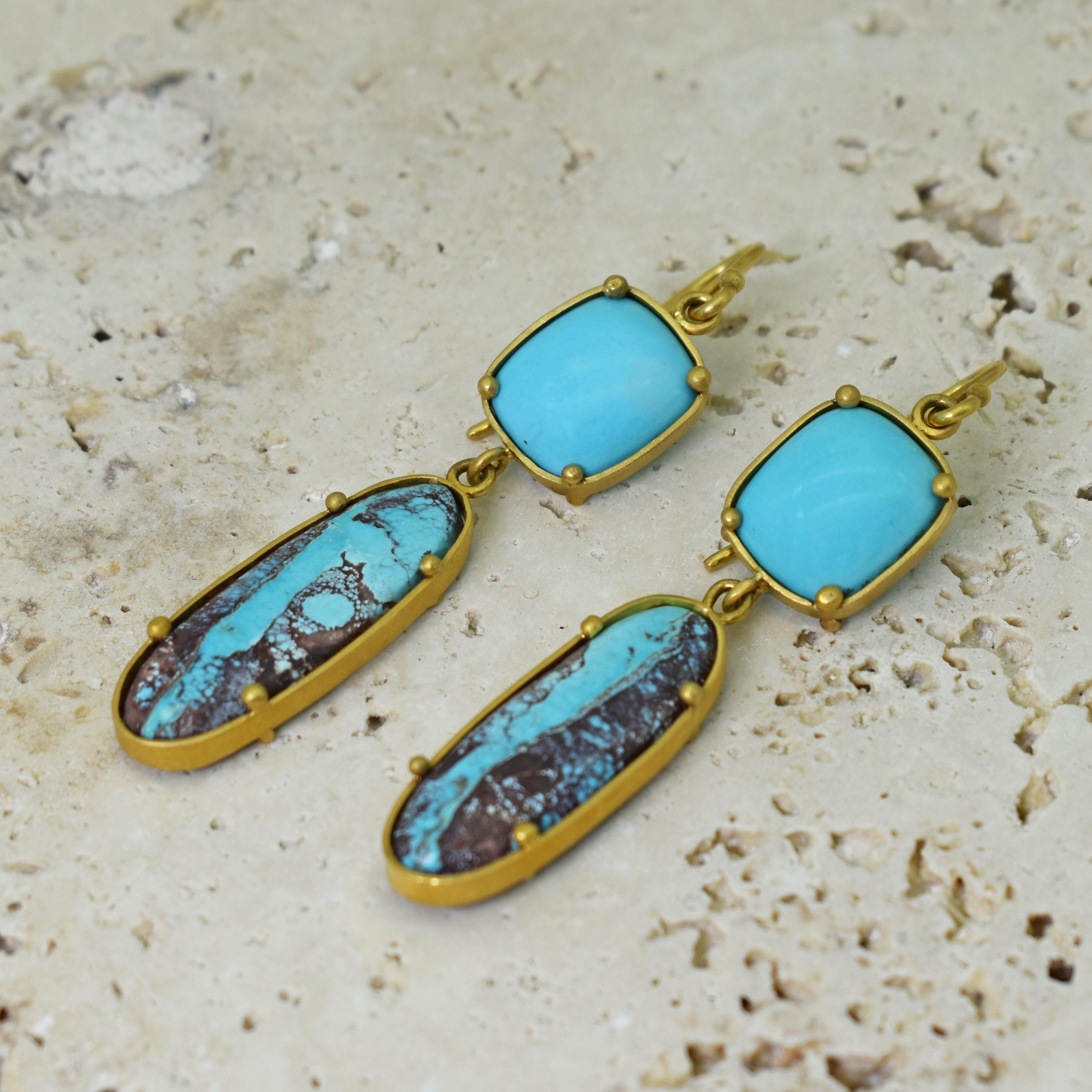 Sleeping Beauty and Bisbee Turquoise 22 Karat Gold Ring and Dangle Earrings Set 1