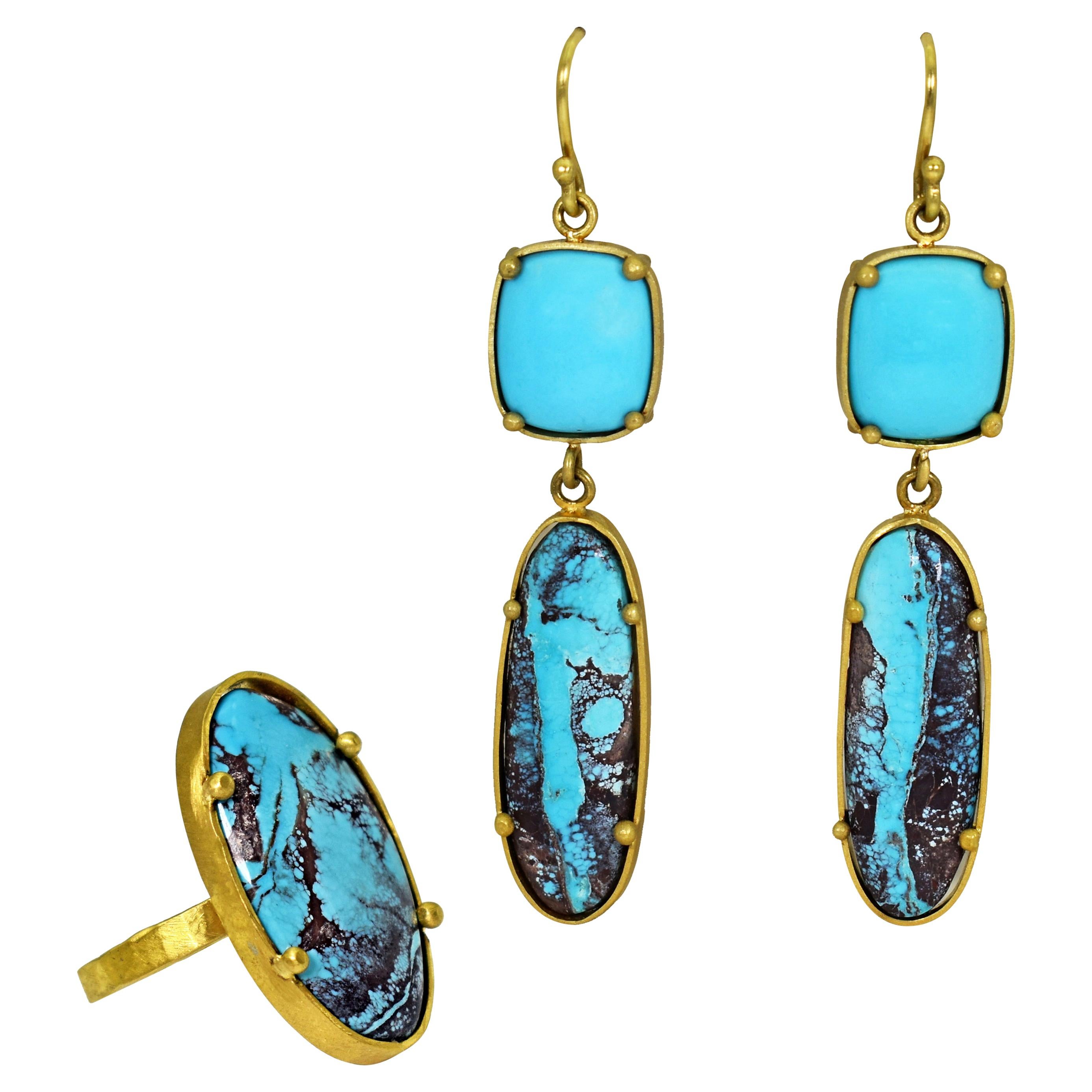 Sleeping Beauty and Bisbee Turquoise 22 Karat Gold Ring and Dangle Earrings Set