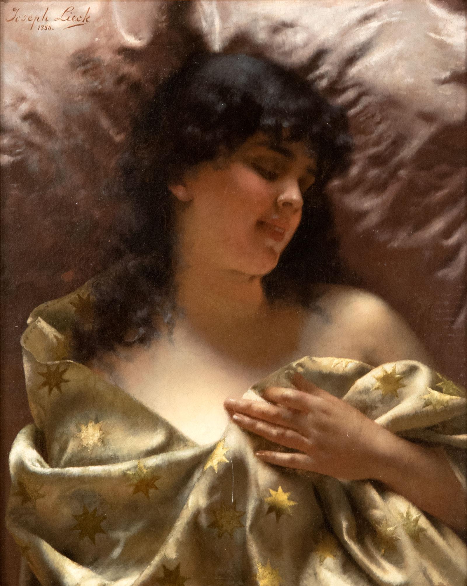 Joseph Leick (allemand, 1849-1914)
La Belle au bois dormant (1888)
Huile sur toile

Lauréat permanent du Salon national allemand, Leick est diplômé de l'Académie des arts de Berlin. Cette œuvre, parfois appelée Sleeping Beauty ou Glamouröse