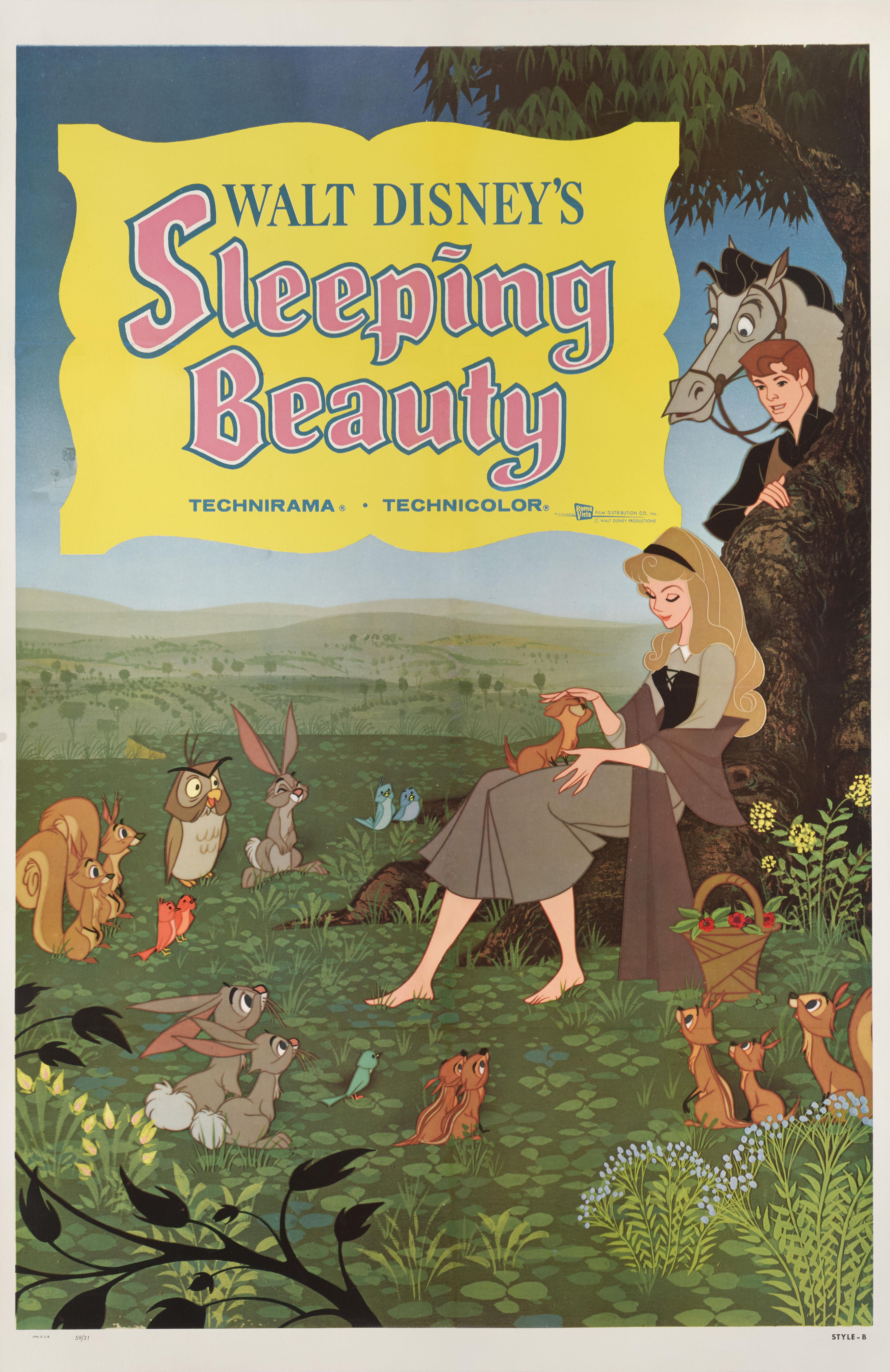 Original American film poster for Walt Disney's 1959 animation Sleeping Beauty. This is the Style B poster.
The poster is conservation linen backed and would be shipped rolled in a strong tube by Federal express.
  