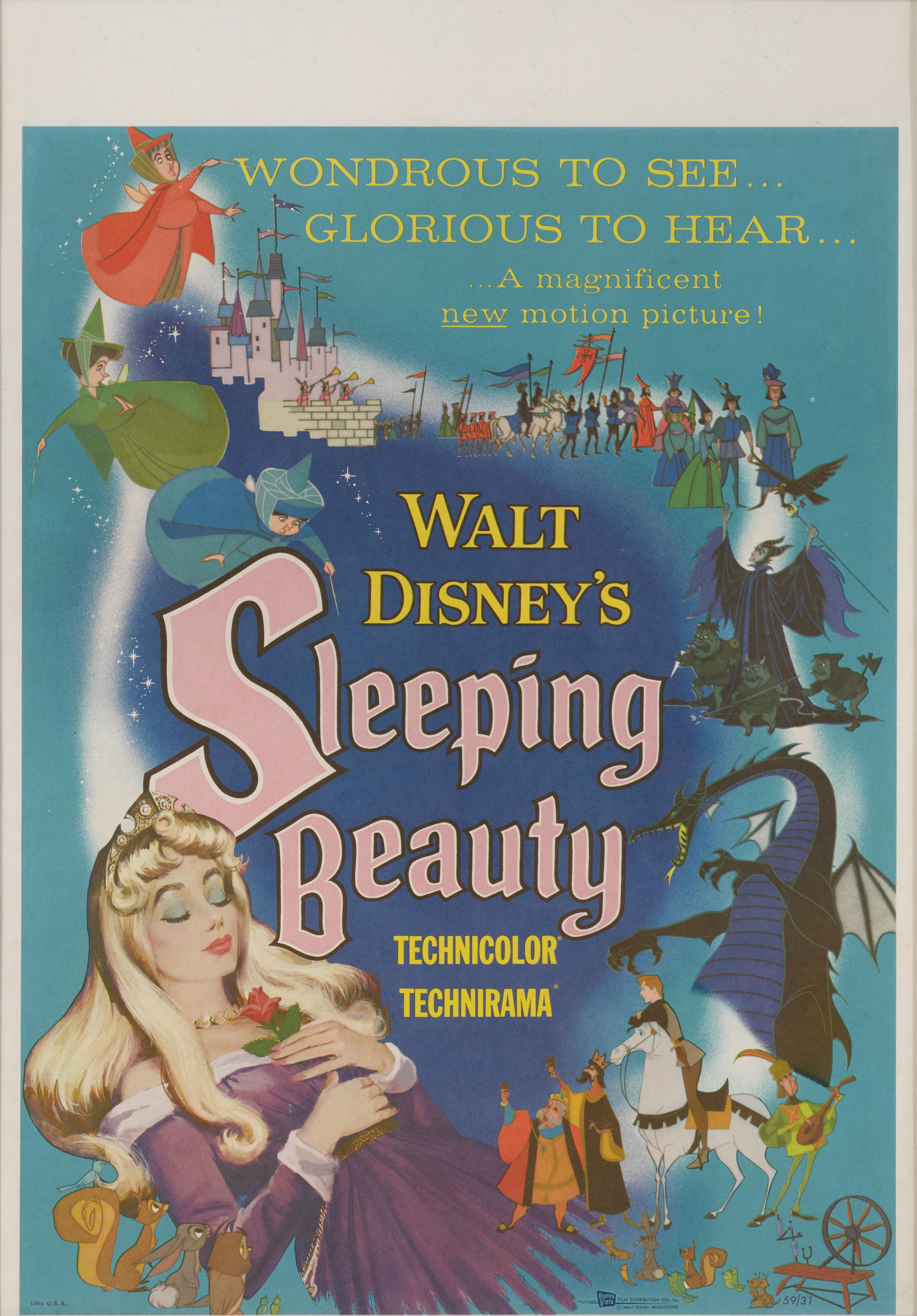 Cartel original estadounidense de la película de animación La Bella Durmiente, de Walt Disney, de 1959. 
Este tamaño de póster habría tenido las horas de la proyección escritas en la zona en blanco de la parte superior del póster. La montura cubre