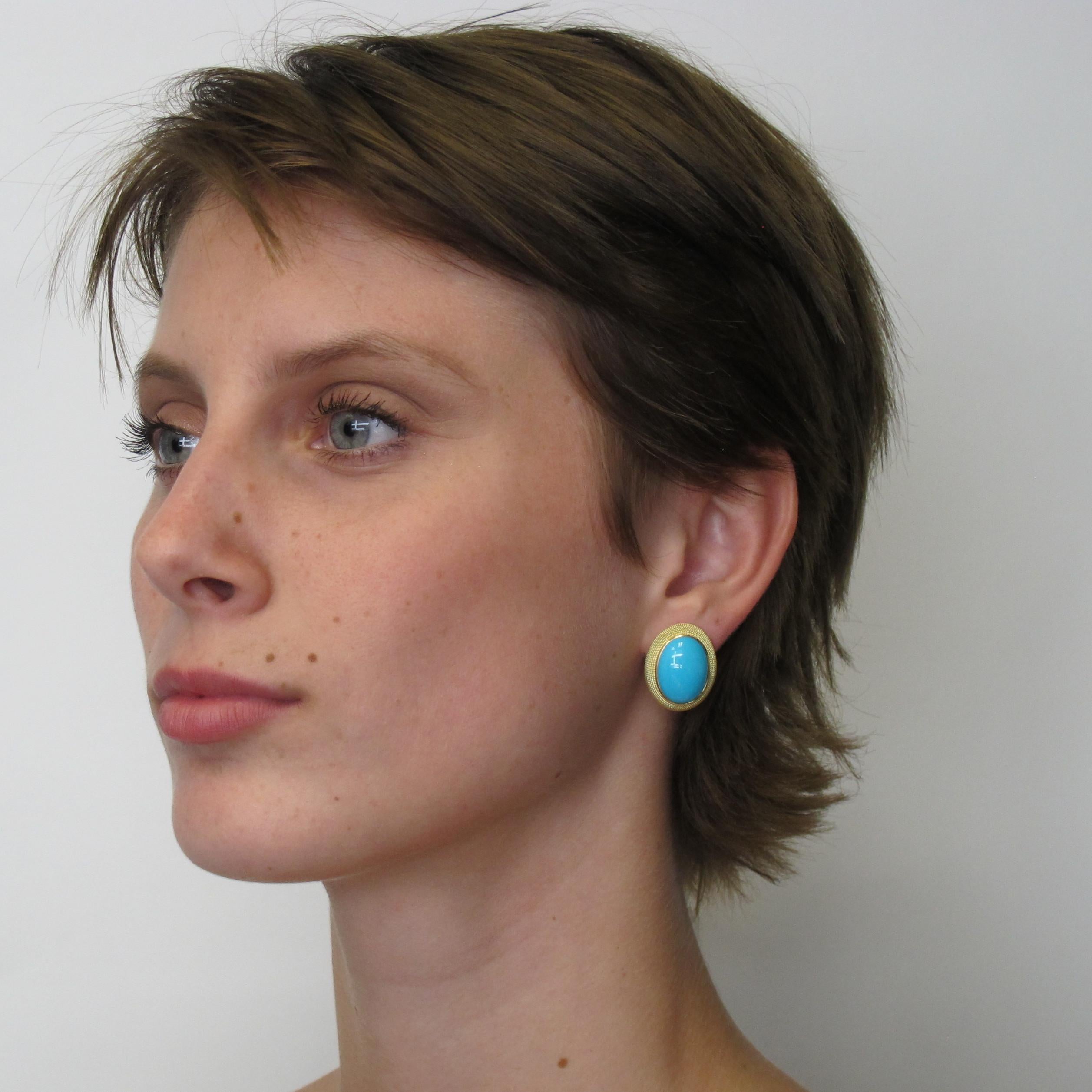 Turquoise goes with everything and every skin tone!  So flattering! These 18k French Clip earrings are made of the finest natural turquoise from the now closed, Sleeping Beauty Mine in Arizona. Historically, this quality of turquoise came only from