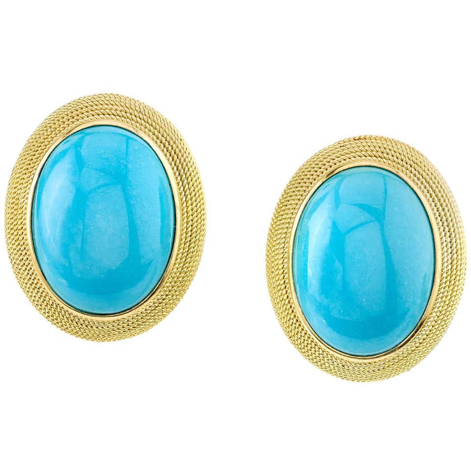 Sleeping Beauty Mine Turquoise 18 Karat Yellow Gold Earrings at 1stDibs