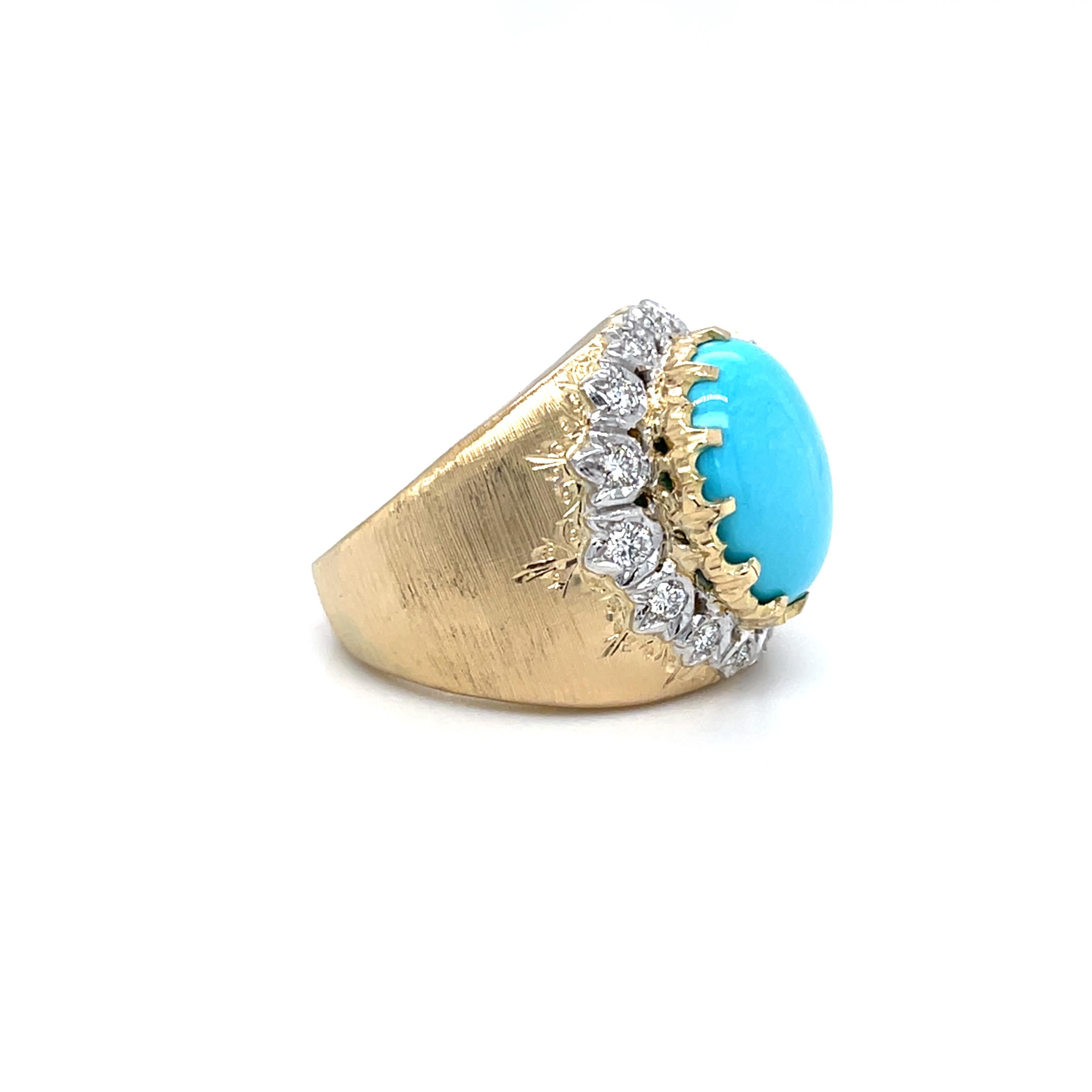 Artigiano Sleeping Beauty Mine Turquoise and Diamond Florentine Style Gold Cocktail Ring in vendita