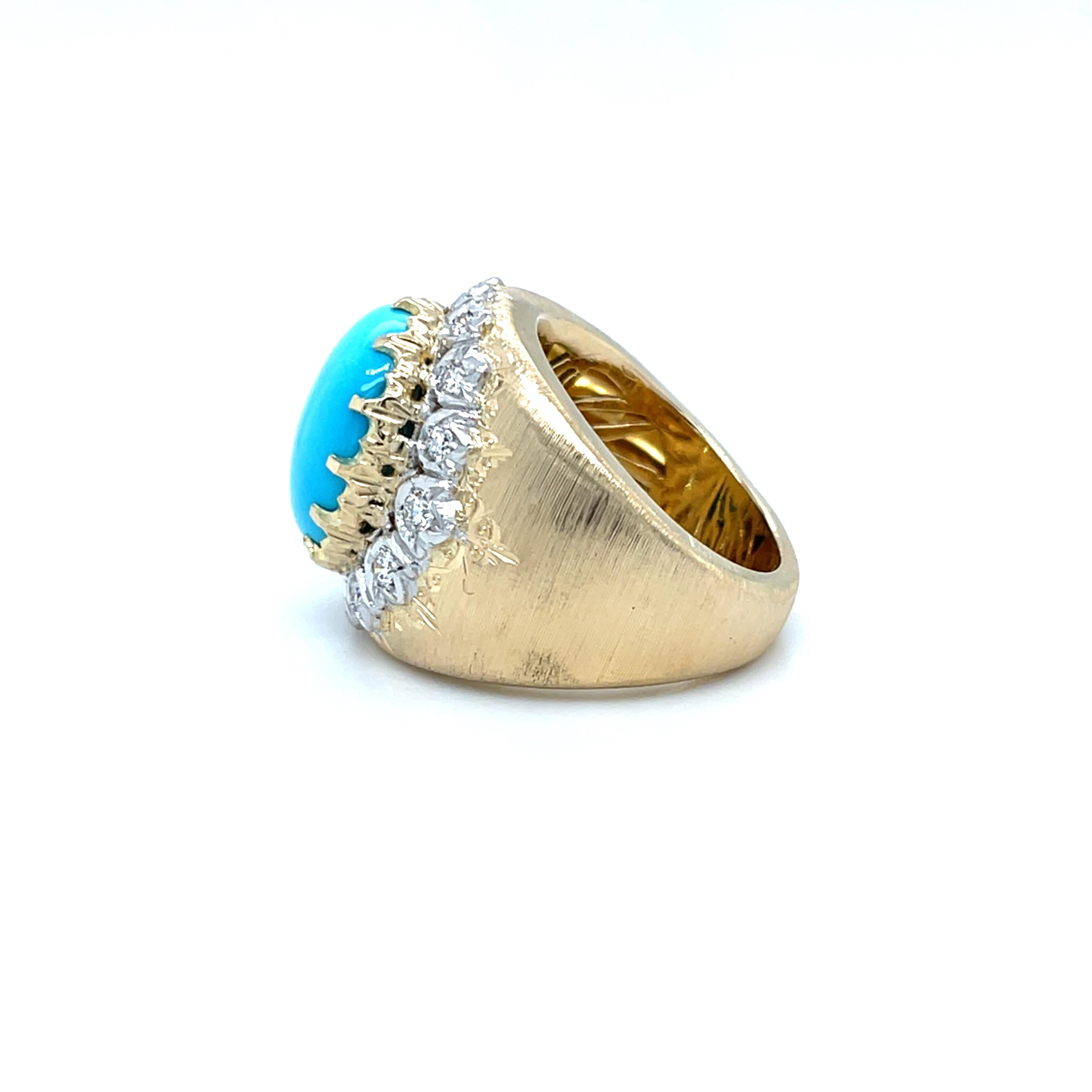 Sleeping Beauty Mine Turquoise and Diamond Florentine Style Gold Cocktail Ring In condizioni Nuovo in vendita a Los Angeles, CA
