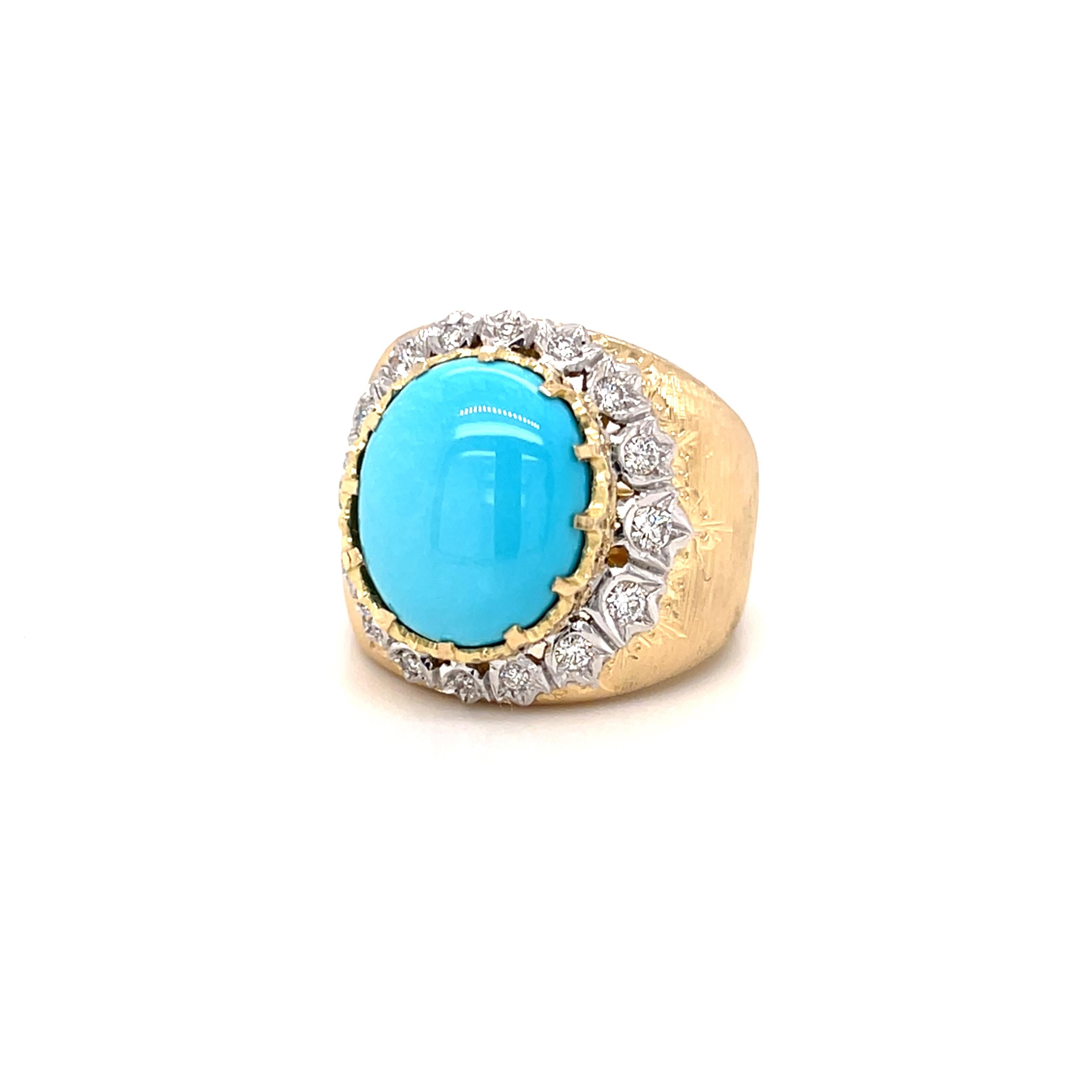 da uomo o donna Sleeping Beauty Mine Turquoise and Diamond Florentine Style Gold Cocktail Ring in vendita