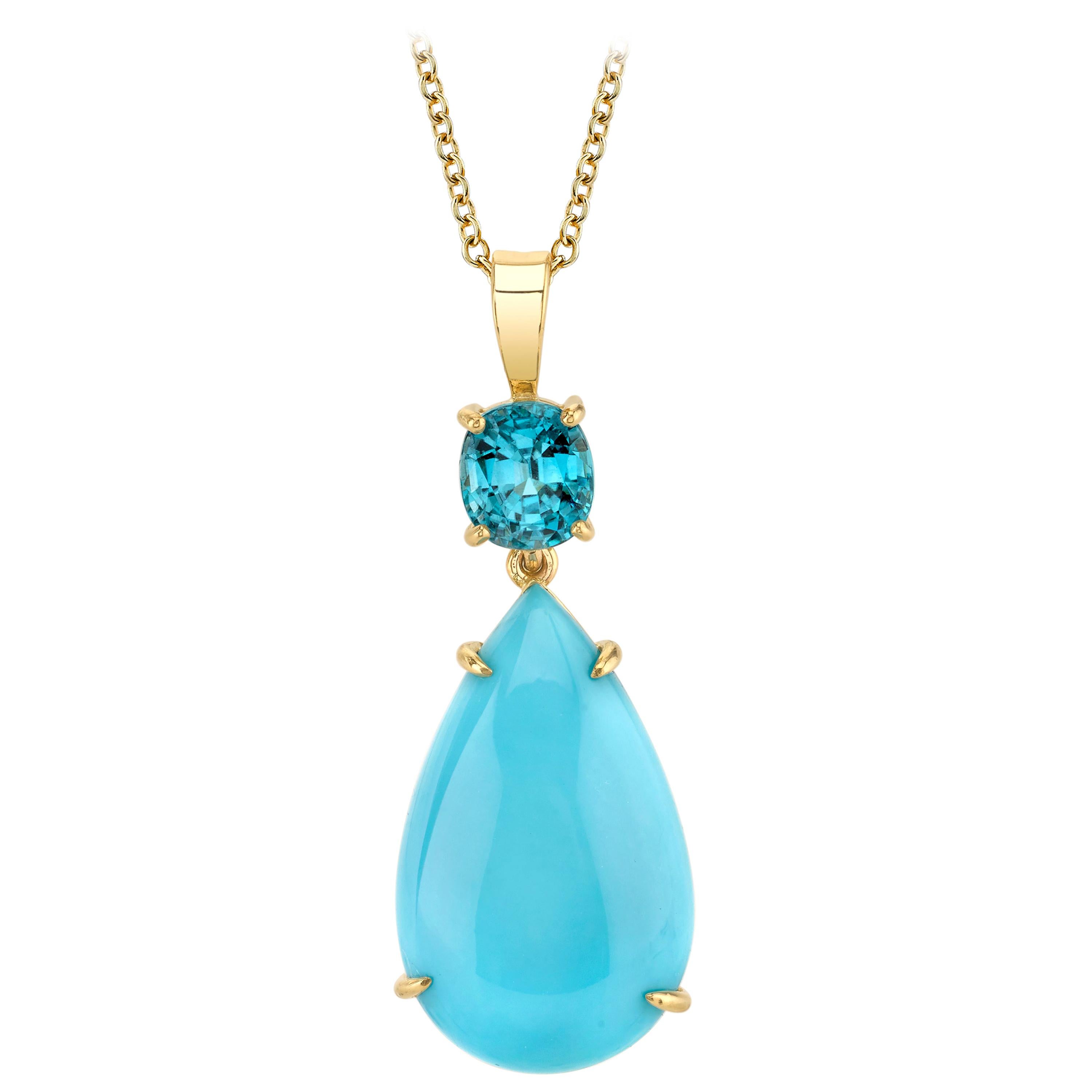 Sleeping Beauty Mine Turquoise Cabochon  and Blue Zircon 18 Karat Gold Pendant